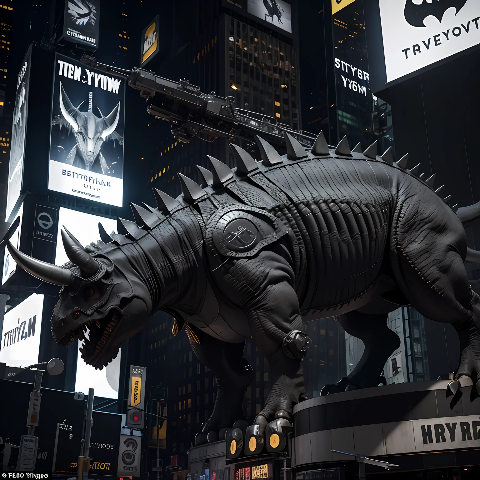 new york, av time square, triceratops, triceratops in batman's armor, black and gray, detailed, realistic, in a devastated new york, photorealistic