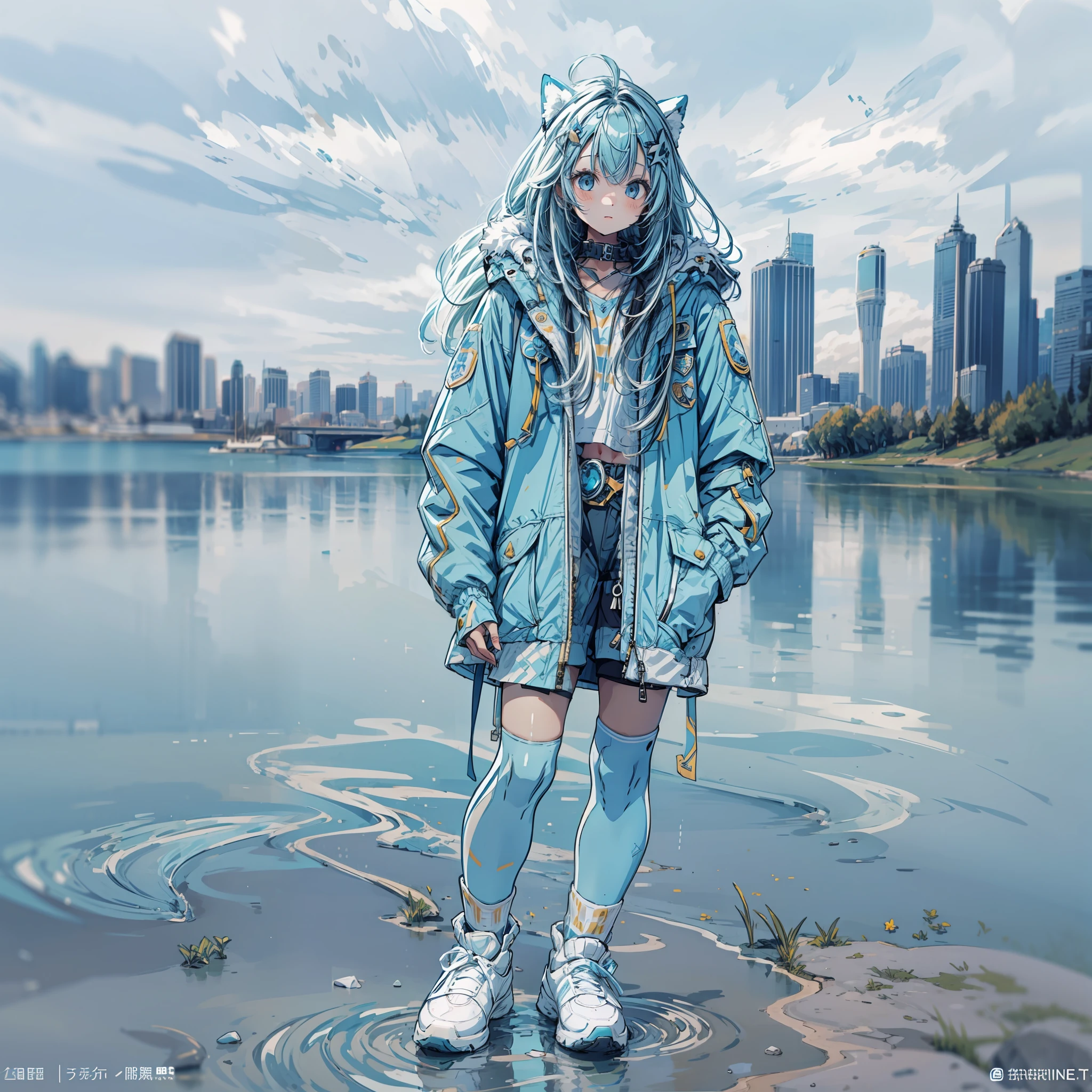 1 girl, blue long hair with white streaks, wearing a light sky blue parka and biker shorts, she is standing near a water body, over the kneee socks and no shoes