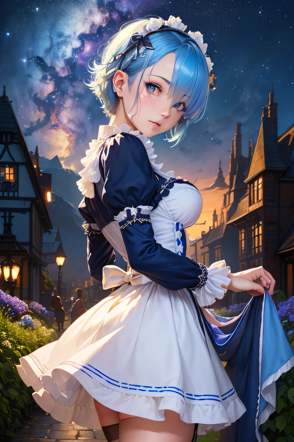 ((best quality)), ((masterpiece)), (detailed), rem_\(re:zero\), cute, (fantasy illustration:1.3), blue hair, short hair, (hair over one eye:1.3), blue eyes, roswaal mansion maid uniform, head tilt, cowboy shot, from the side, looking at viewer, expressionless, night sky, stars, nebula, galaxy, soft colors, garden, blue roses, (high-resolution:1.2)