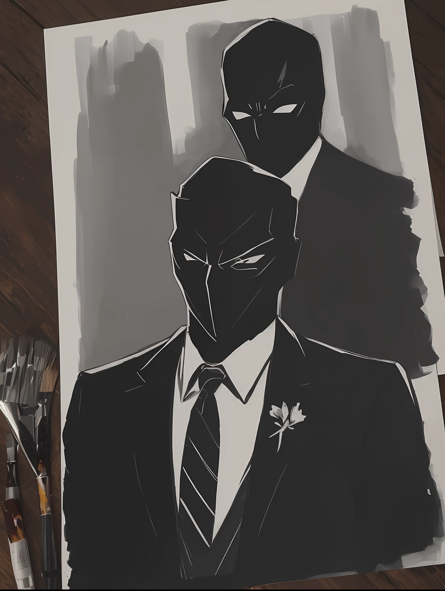 Painting of a man in suit and tie with a black mask, Personagem sombrio e sinistro, terno escuro, desenhado em um estilo neo - noir, homem magro, pessoa sem rosto escura, Homem de preto, magro, anthropomorphic silhouette, Scary black figure standing, por Chip Zdarsky