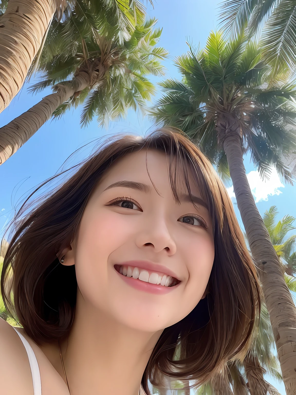 (From below:1.5),1girl in,(Leaning forward:1.3),Light Brown Fringe Short Hair、Braided hair、disheveled hair、Light brown eyes、(A smile)、(Colorful micro bikini),white shirt、(cleavage cutout),(Open Shirt),(爆乳)、Emphasize the valley、the beach、Palm trees、blue-sky、(Photorealsitic)、(intricate detailes:1.2)、(masterpiece、:1.3)、(top-quality:1.4)、(超A high resolution:1.2)、超A high resolution、(A detailed eye)、(detailed facial features)、(selfee:1.2)