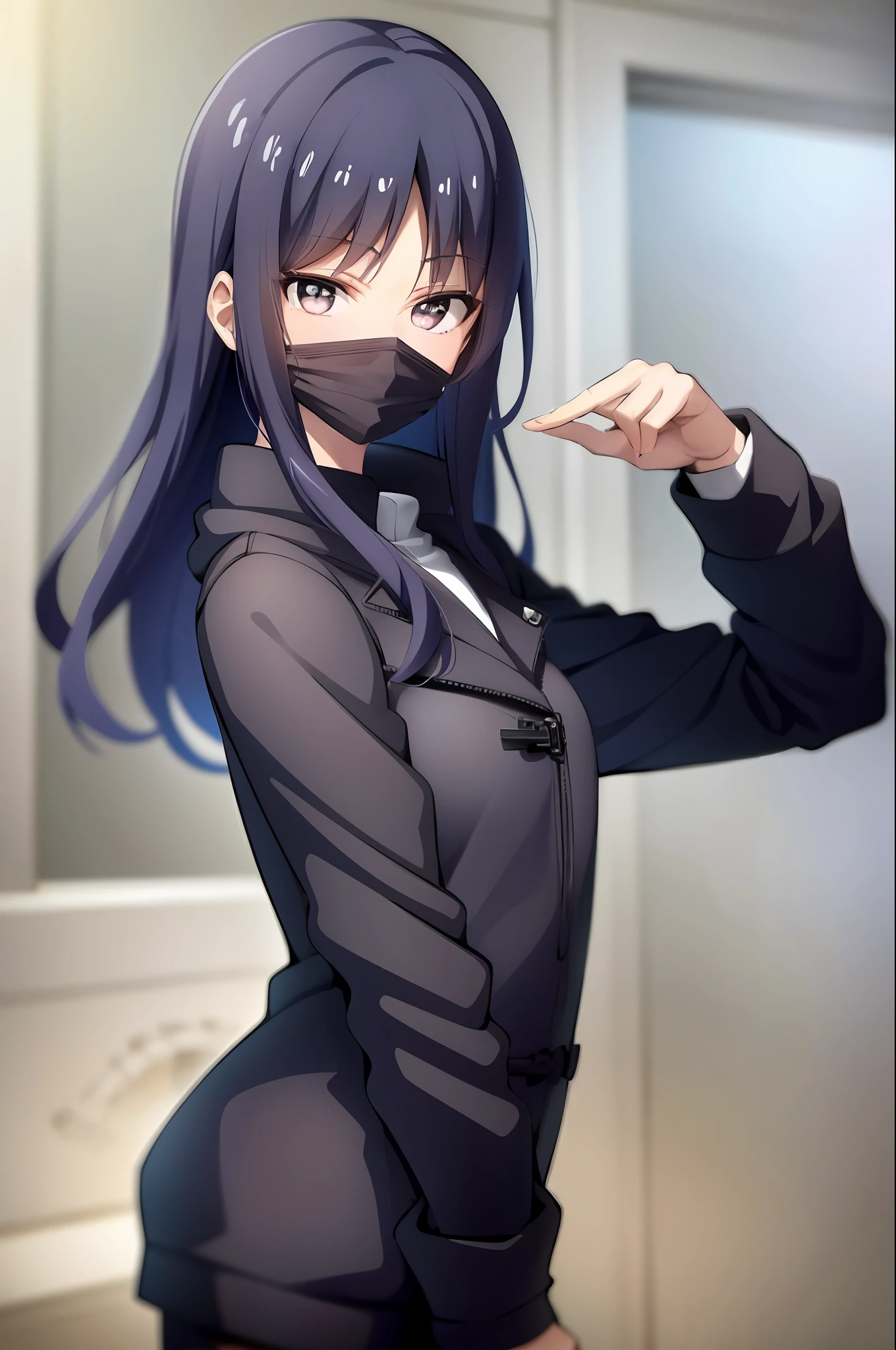 anime girl, dark blue hair, simple background, looking at the viewer, medium long hair, gray hoodie, masterpiece, anime, black beanie, black facemask, cool jacket, front view, bust up