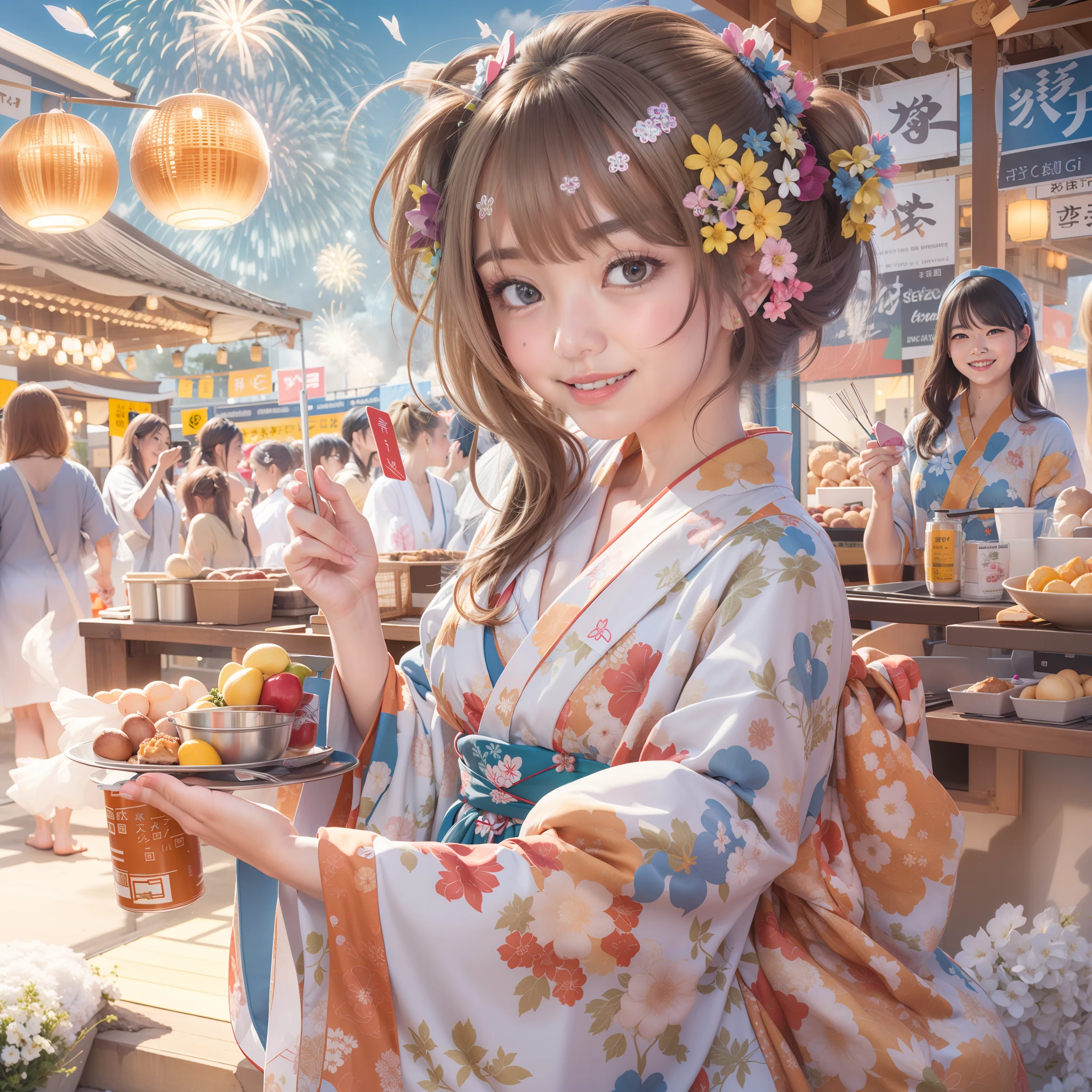 bathrobe,Girl in Yukata,Outstanding smile,Summer Festivals,natta,food stand,Spirit Stream,Big Fireworks,poneyTail,