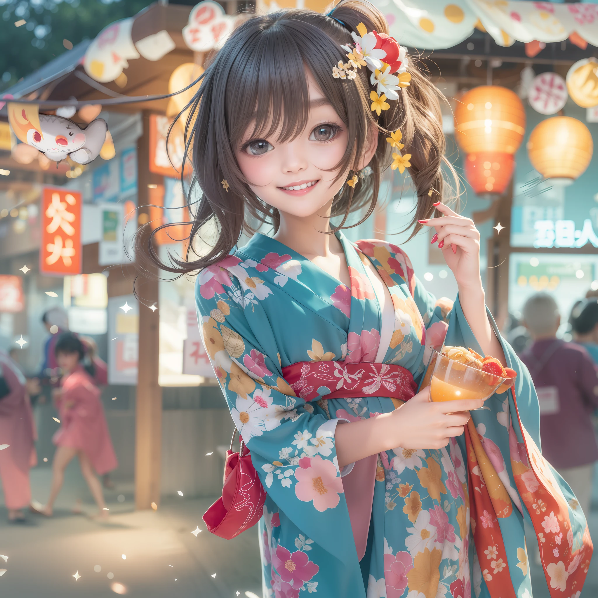 bathrobe,Girl in Yukata,Outstanding smile,Summer Festivals,natta,food stand,Spirit Stream,Big Fireworks,poneyTail,