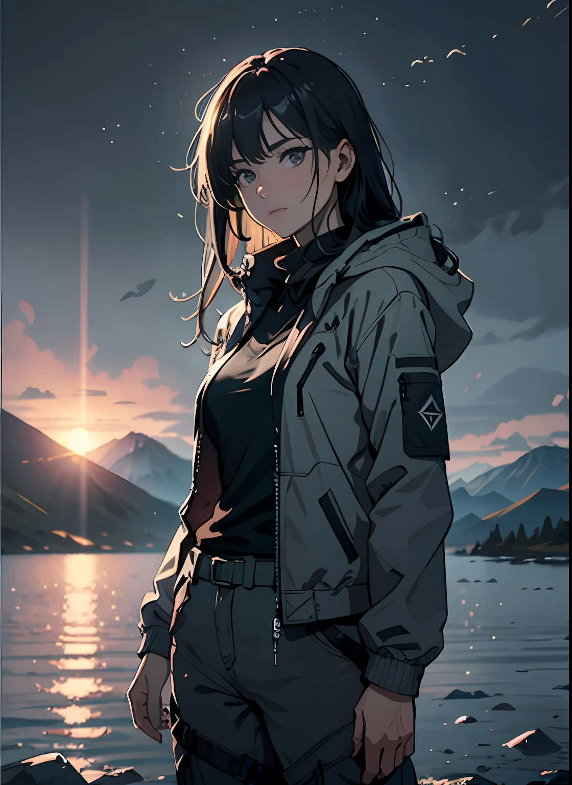 16K, HDR, RTX, ray tracing, anisotropic filtering, subsurface scattering, albedo, dark vast open landscape, total solar eclipse, Best quality, masterpiece, highly detailed, 1 girl ,solo, closeup, beautiful, jacket, long pants, long hair, in a post apocalyptic world, massive open landscape, grey clouds, no grass, hideo kojima style, gloomy atmosphere, windy, foggy, mysterious, main palette is grey, tense, serious, dangerous, horizon, mountains, rain, shallow water