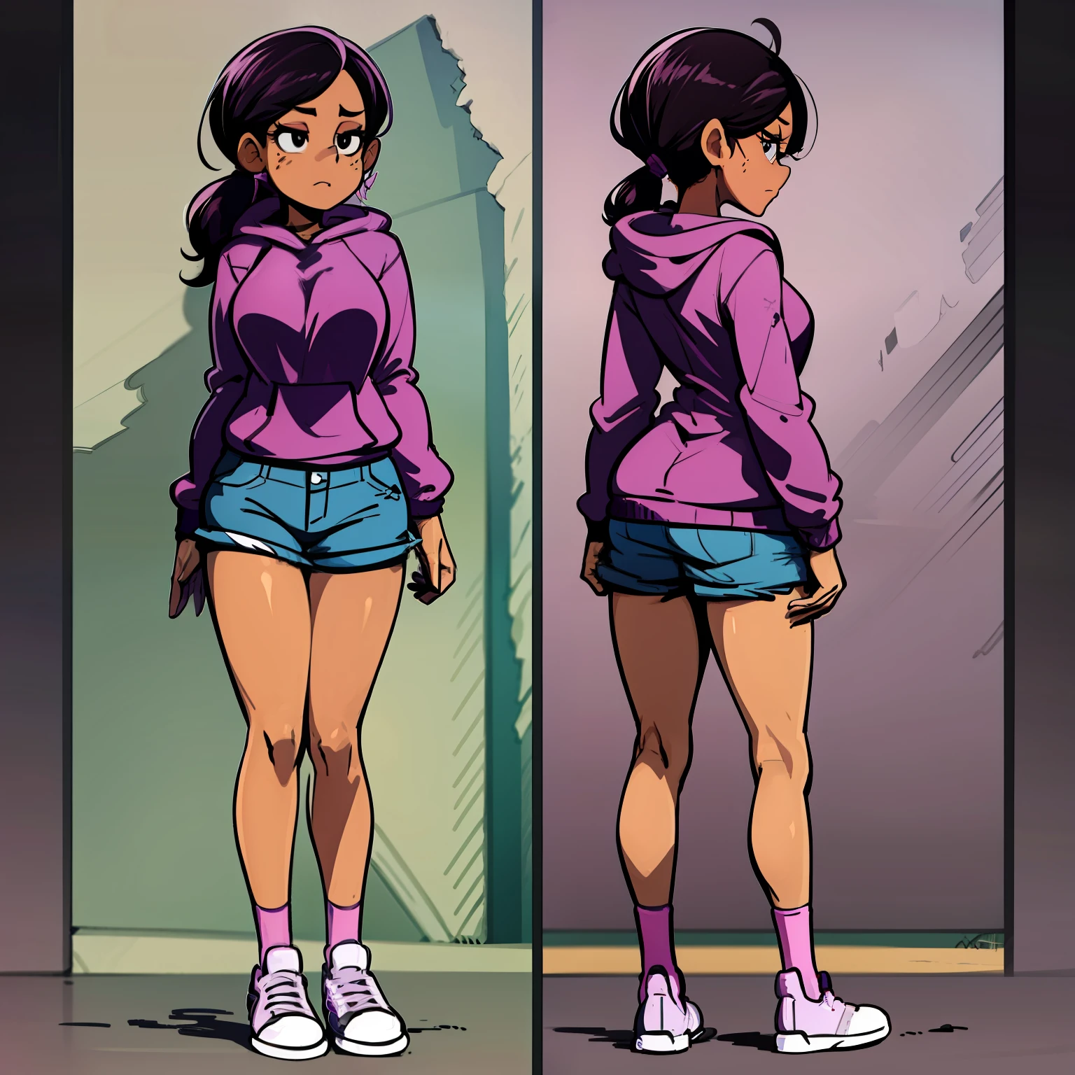 Ronnie Anne, purple hoodie, shorts, black eyes, ponytail, tanned skin, full body, curvy arms, defined legs, (same character front, back, side view)