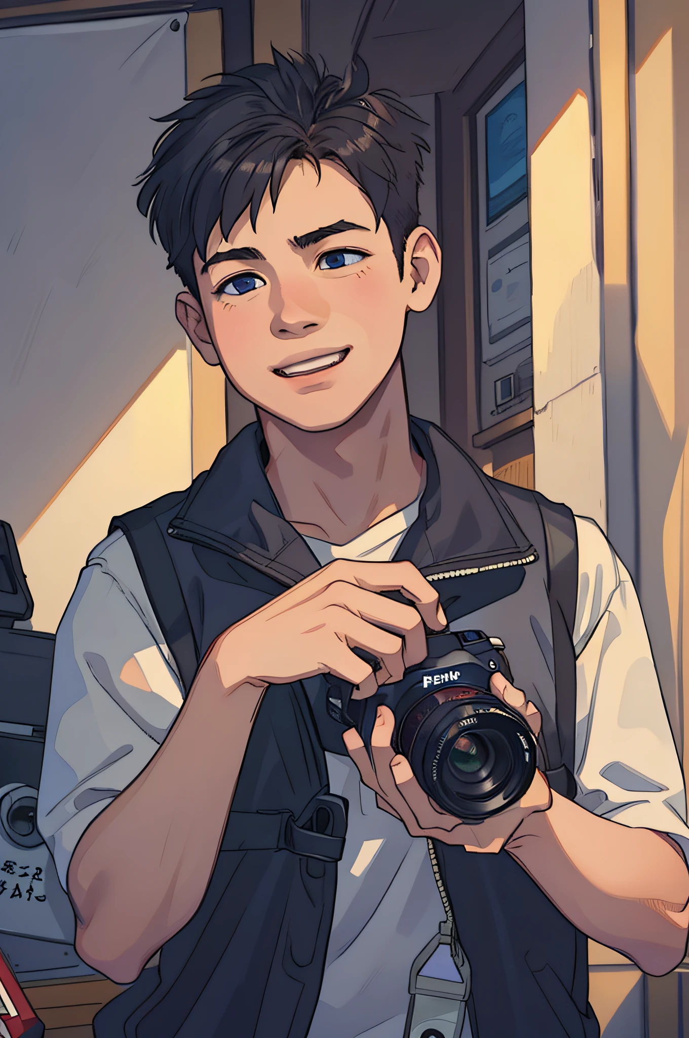 A boy holds a Canon camera。