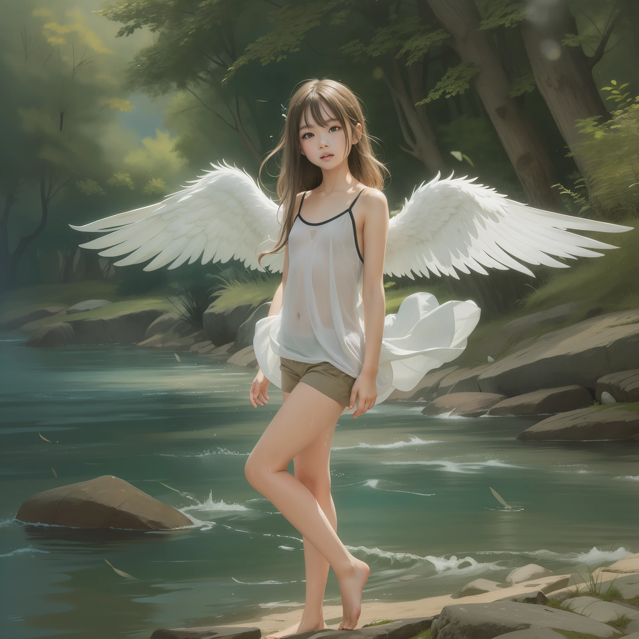 Winged Angel,very cute female child,8 yo,Wet and see-through camisole,Playing by the river,Barefoot,Sweat, Summer,day,flat chest,BREAK masterpiece, Best Quality,Ultra-detailed,Wind,Depth,