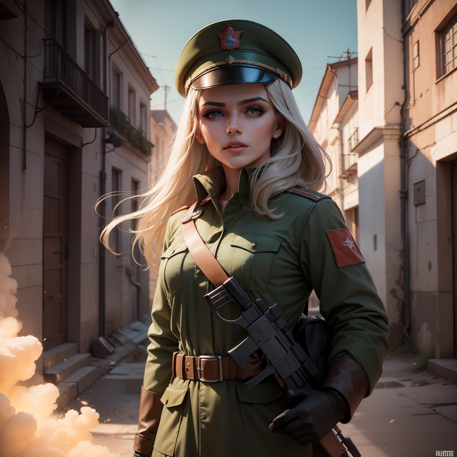Soviet propaganda, mulher, arma, 8k, super detalhado, hiper realista, super realista, sombras, sombrio