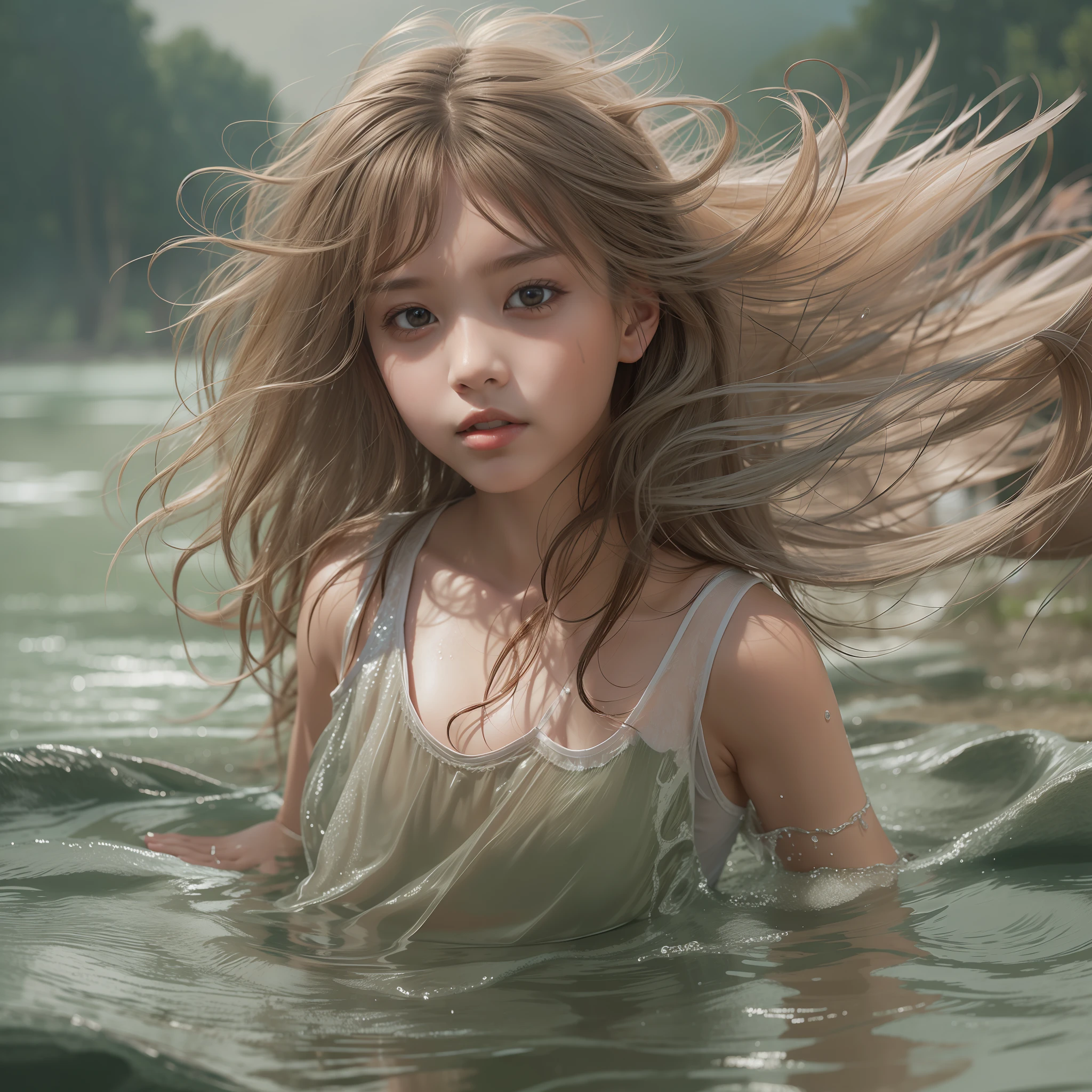 Winged Angel,very cute female ,8 yo,and see-through camisole,Playing by the river,Barefoot,Sweat, Summer,day,flat chest,BREAK masterpiece, Best Quality,Ultra-detailed,Wind,Depth,