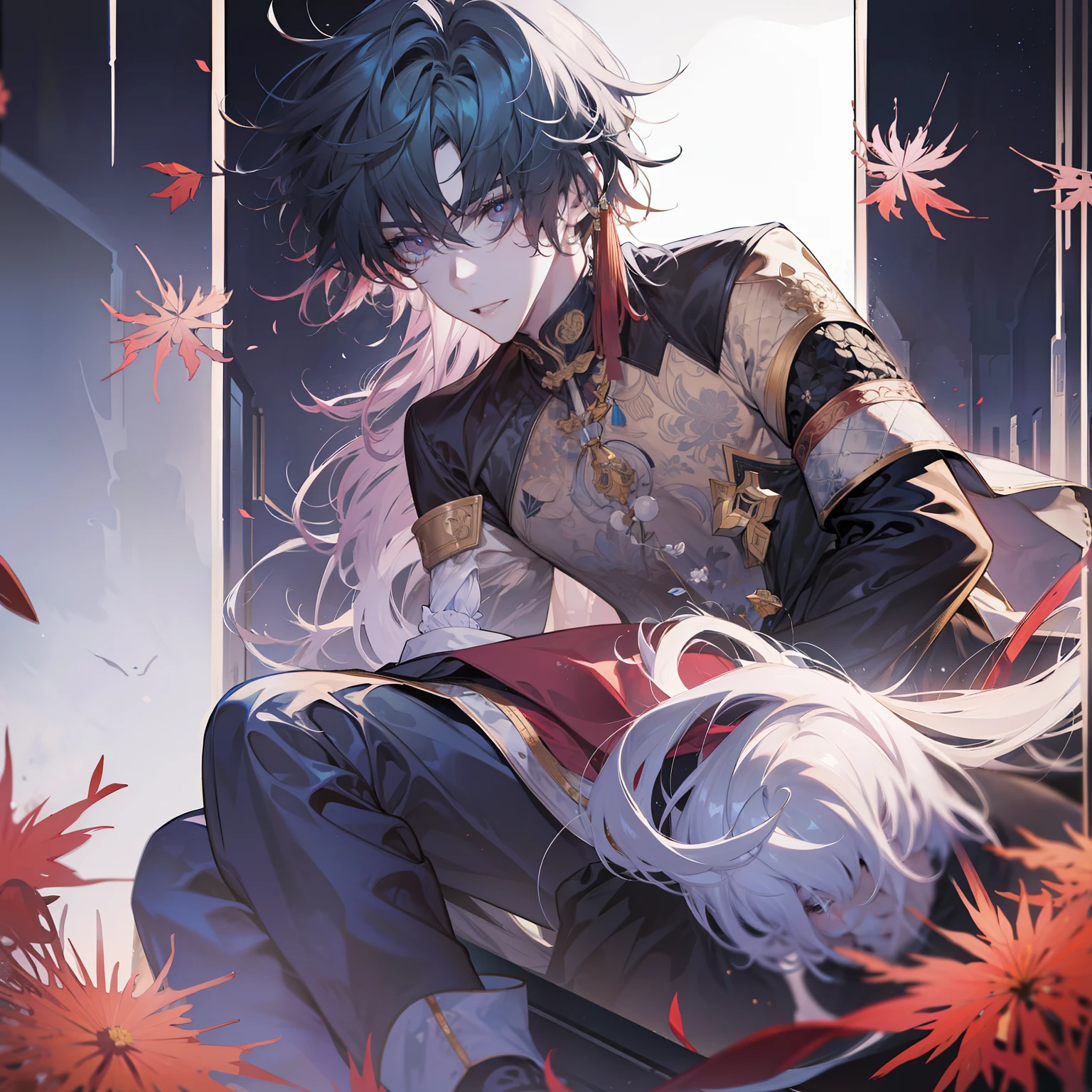 Blade from honkai star rail, calm, detailed, beautiful face, calm atmosphere, looking at viewer, interesting composition, full body, between window, masterpiece, best quality, 1 male, adult, handsome, tall, finely detailed eyes and detailed face, white hair, extremely detailed CG unity 8k wallpaper, intricate details, intricate details, maple leaves, maple, calm, good, kind