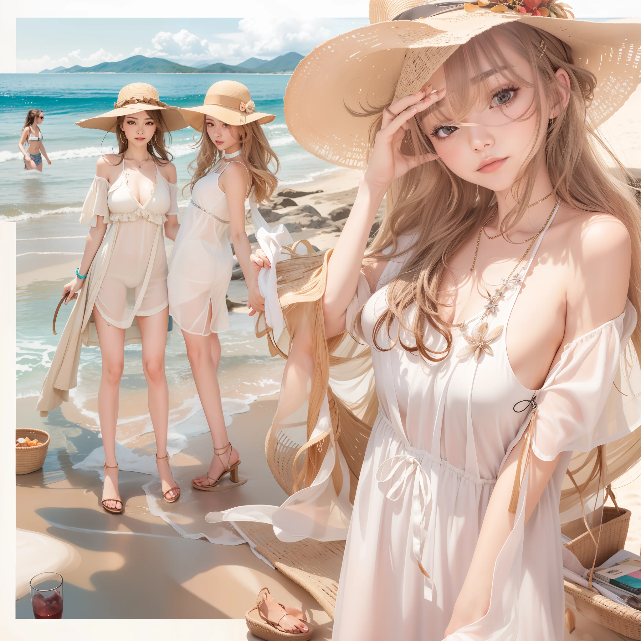 (​masterpiece:1.2、top-quality)、garments:translucent  dress、a wide-brimmed hat、and strappy sandals、 accessory:shell necklace、 The hair:Loose wavy ponytail、 make - up:natural, Glowing skin、 BEReaction:relax、easygoing、Free-spirited、 The location:the beach、Resort、outdoor festival、Akame、Colossal tits、