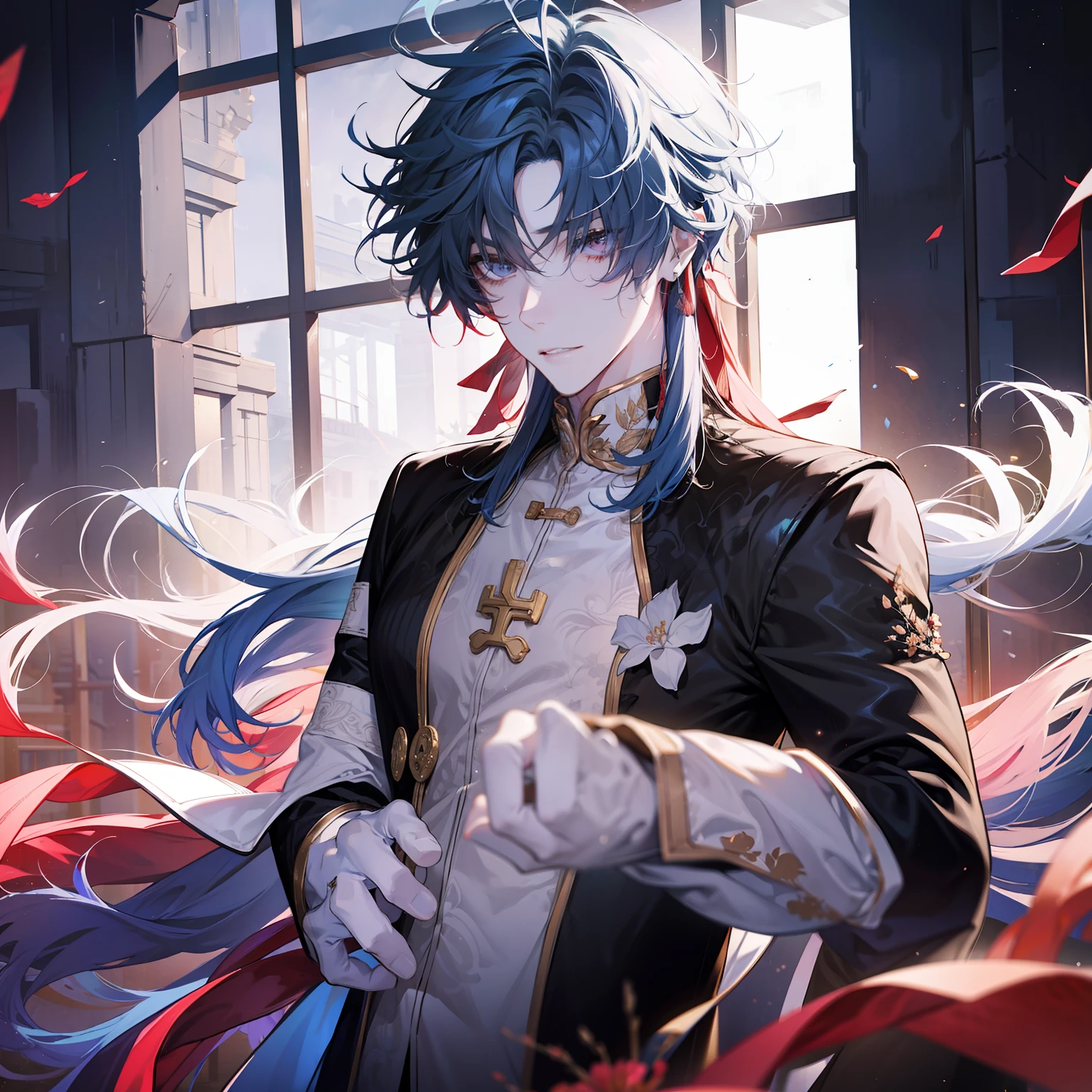 Blade from honkai star rail, calm, detailed, beautiful face, calm atmosphere, looking at viewer, interesting composition, full body, between window, masterpiece, best quality, 1 male, adult, handsome, tall, finely detailed eyes and detailed face, white hair, extremely detailed CG unity 8k wallpaper, intricate details, intricate details, maple leaves, maple, calm, good, kind