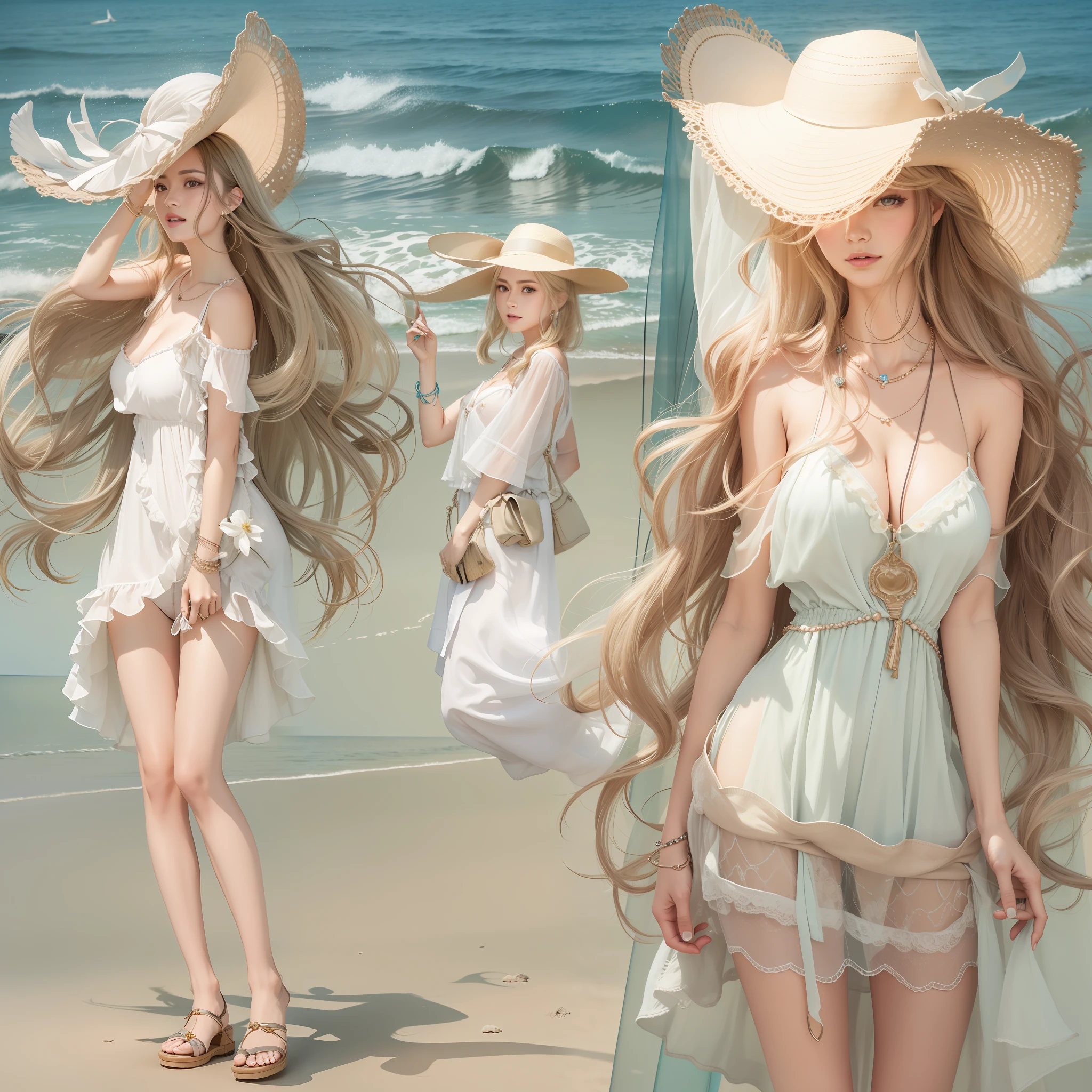 (masterpiece:1.2、top-quality)、garments:translucent dress、a wide-brimmed hat、and strappy sandals、 accessory:shell necklace、 The hair:Loose wavy ponytail、 make - up:natural, Glowing skin、 BEReaction:relax、easygoing、Free-spirited、 The location:the beach、Resort、outdoor festival、Akame、Colossal tits、