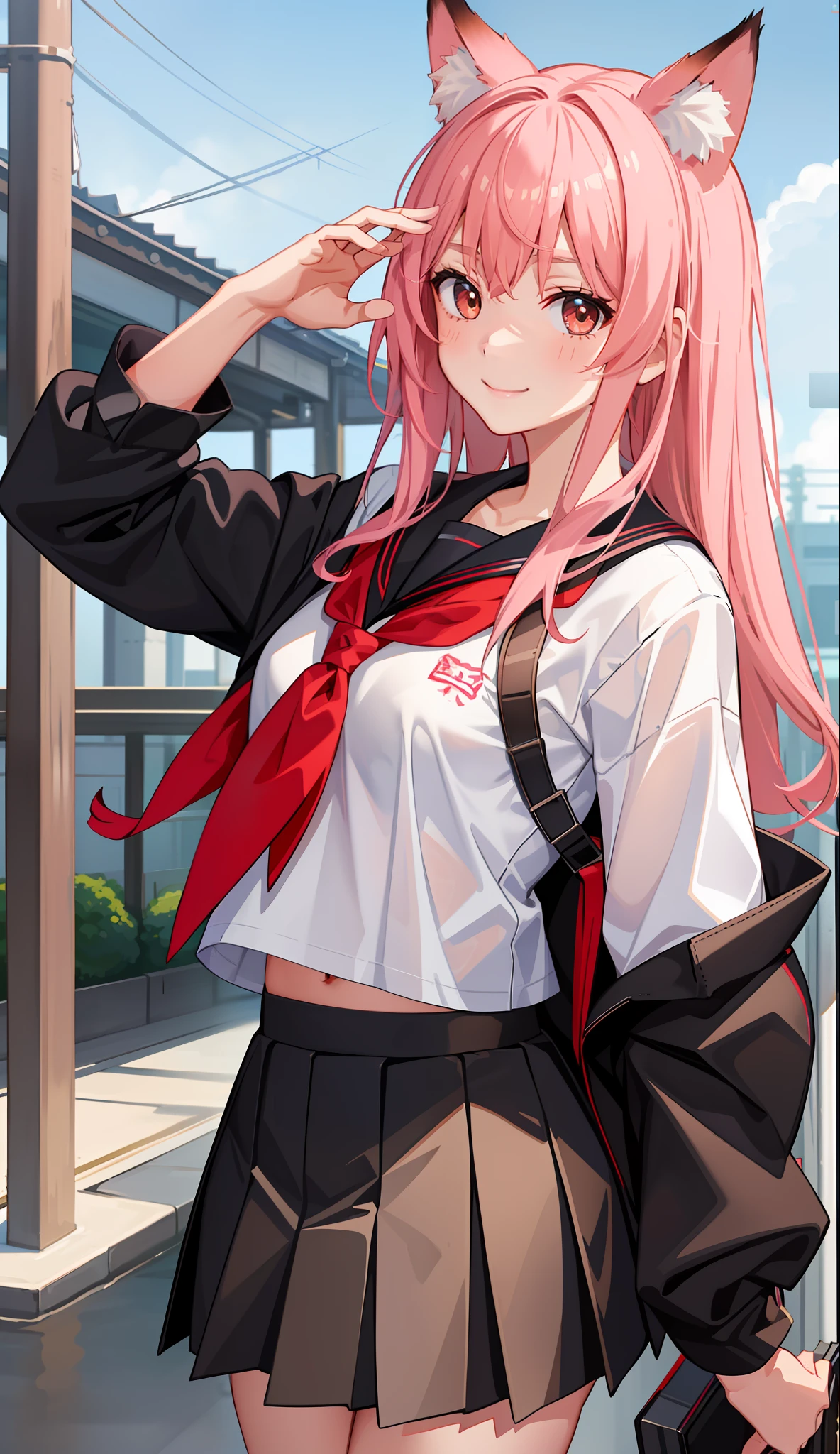 1girl in、A smile、The shirt、skirt by the、（small tits）Chilarism、Japan High School Student Uniform、serafuku、summer clothing、Squall Drenched Uniform、show brassiere、Fox ears、（Upper body portrait）、