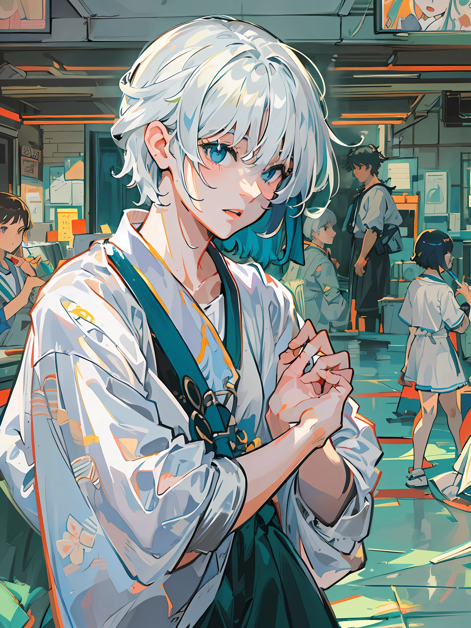 Close-up of blue-eyed, white-haired characters,semirealistic anime style,Clean and meticulous anime drawing,detailed digital anime art,Flat anime style shadows,anime realism style,Detailed anime boy portrait,clean and meticulous anime art,Highly detailed facial anime,Stunning anime face portrait,Realistic anime art style,Digital anime illustration