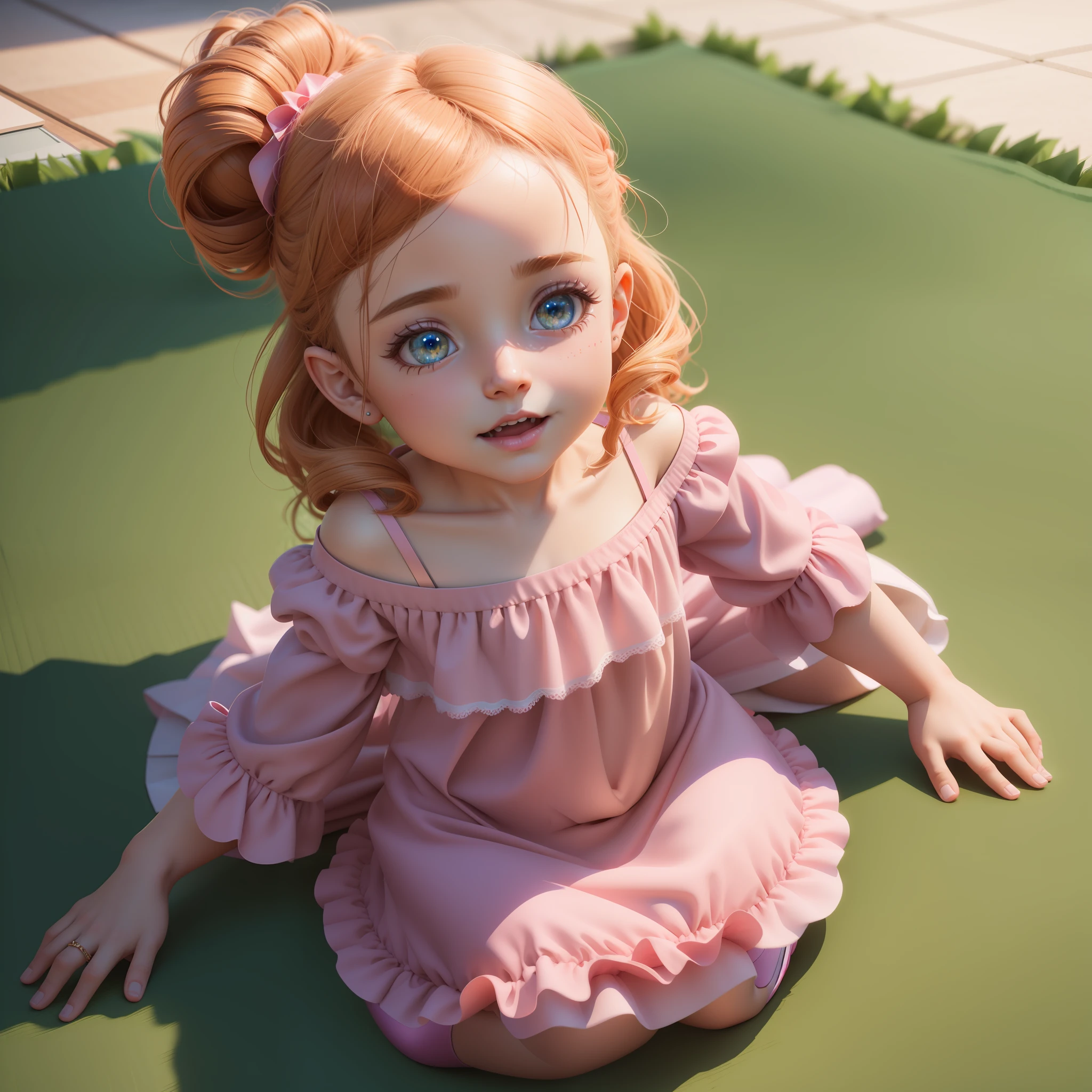 There's a girl sitting on a rug in a pink dress, painting digital adorable, bonito 3 d render, arte digital detalhada bonito, kawaii retrato realista, Arte infantil em Artstation, foto retrato suave 8 k, arte digital bonito, render de uma anime 3d bonito, 3 d render arte do caractere 8 k, photorealistic anime girl rendering