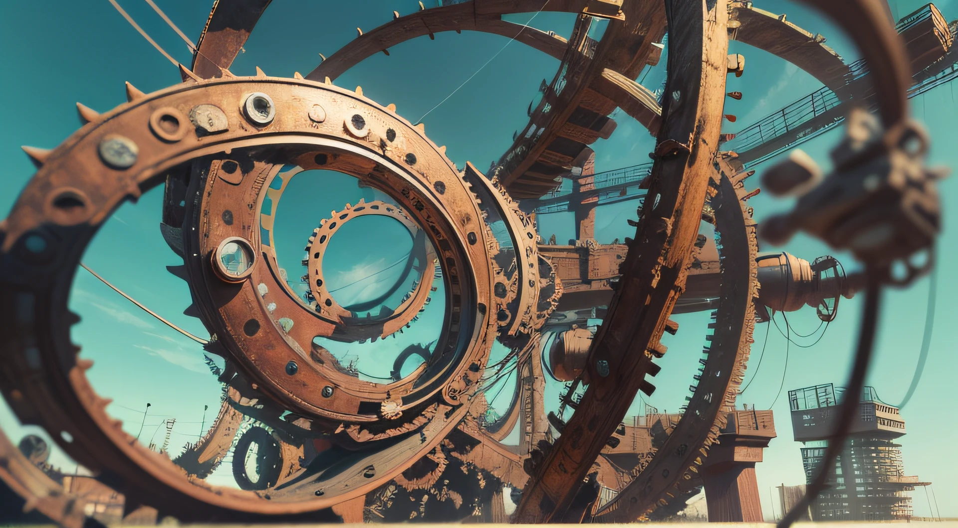 a heavily distorted, fading late morning clear sky, a singular object comprised of contorted feathers/machinery/pipes/rusted components is floating in the air, steel strings weave into each other, extra detail, 4kHD details, best resolution, surrealistic composition, extreme camera angle, motion blur, depth of field, foreshortening, tilted camera angle, cinematic lighting, movie scene