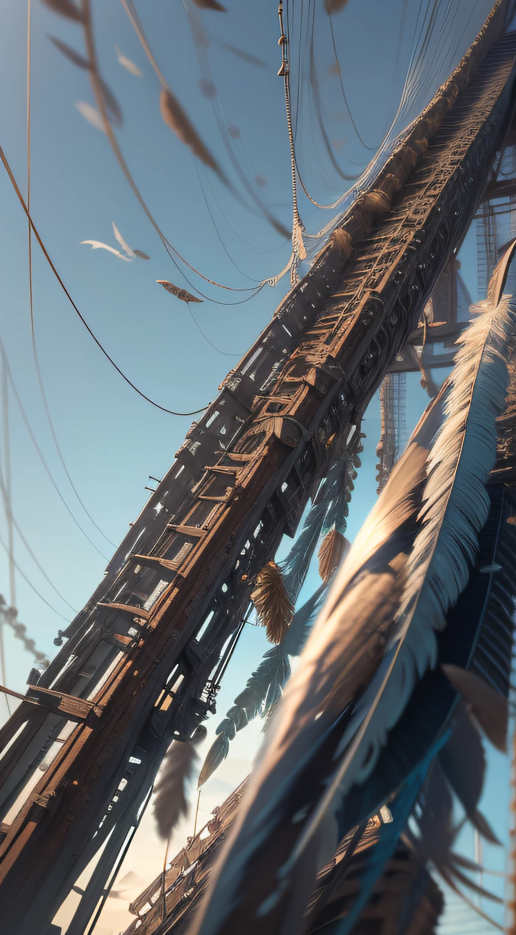 a heavily distorted, fading late morning clear sky, a singular object comprised of contorted feathers/machinery/pipes/rusted components is floating in the air, steel strings weave into each other, extra detail, 4kHD details, best resolution, surrealistic composition, extreme camera angle, motion blur, depth of field, foreshortening, tilted camera angle, cinematic lighting, movie scene