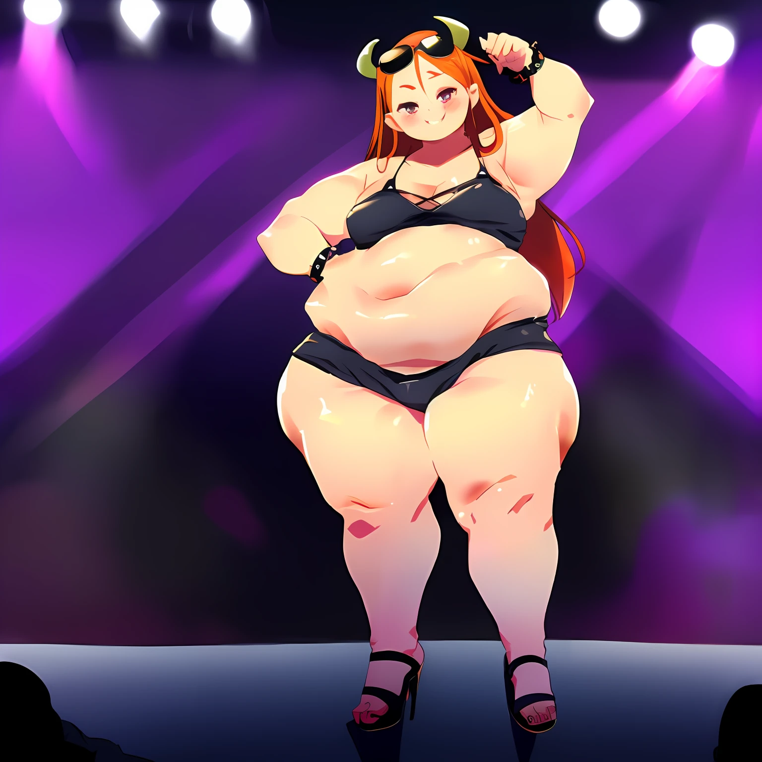 ((high aesthetic)), highly rated, absurdres, absurd resolution, highres, high resolution, best quality, ((masterpiece)), middle aged, 1girl, ((solo)), ginger hair, anime, indoors, shade, smile, art by squarewave, small breasts, big belly, wide hips, plump body, sunglasses, long hair, pretty pupils, gothic, high heels, ((fat)) horns, mircophone, stage, skinny male,