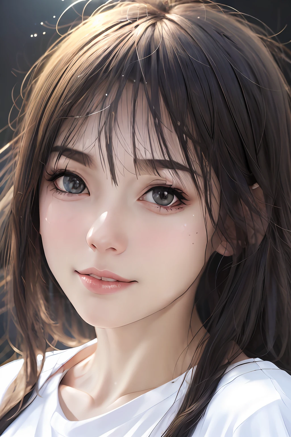 dressed, (photo realistic:1.4), (hyper realistic:1.4), (realistic:1.3),
(smoother lighting:1.05), (increase cinematic lighting quality:0.9), 32K,
1girl,20yo girl, realistic lighting, backlighting, light on face, ray trace, (brightening light:1.2), (Increase quality:1.4),
(best quality real texture skin:1.4), finely detailed eyes, finely detailed face, finely quality eyes,
(tired and sleepy and satisfied:0.0), face closeup, t-shirts,
(Increase body line mood:1.1), (Increase skin texture beauty:1.1)
