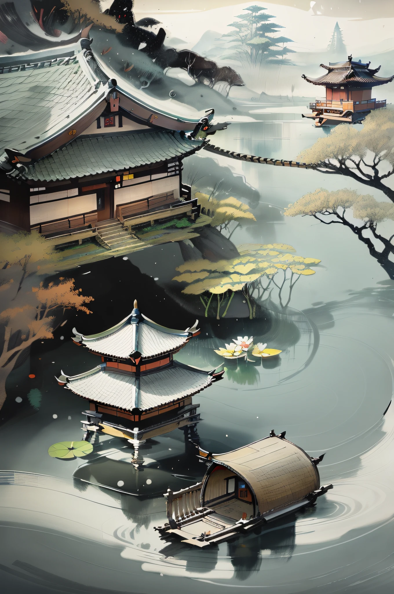 Chinese martial arts style, large area sky, ink style, outline light, atmospheric atmosphere, depth of field, mist rising, lake water, lotus flowers and leaves, small boats, pine trees, octagonal stone pavilions, arch bridges, night view,(No color)