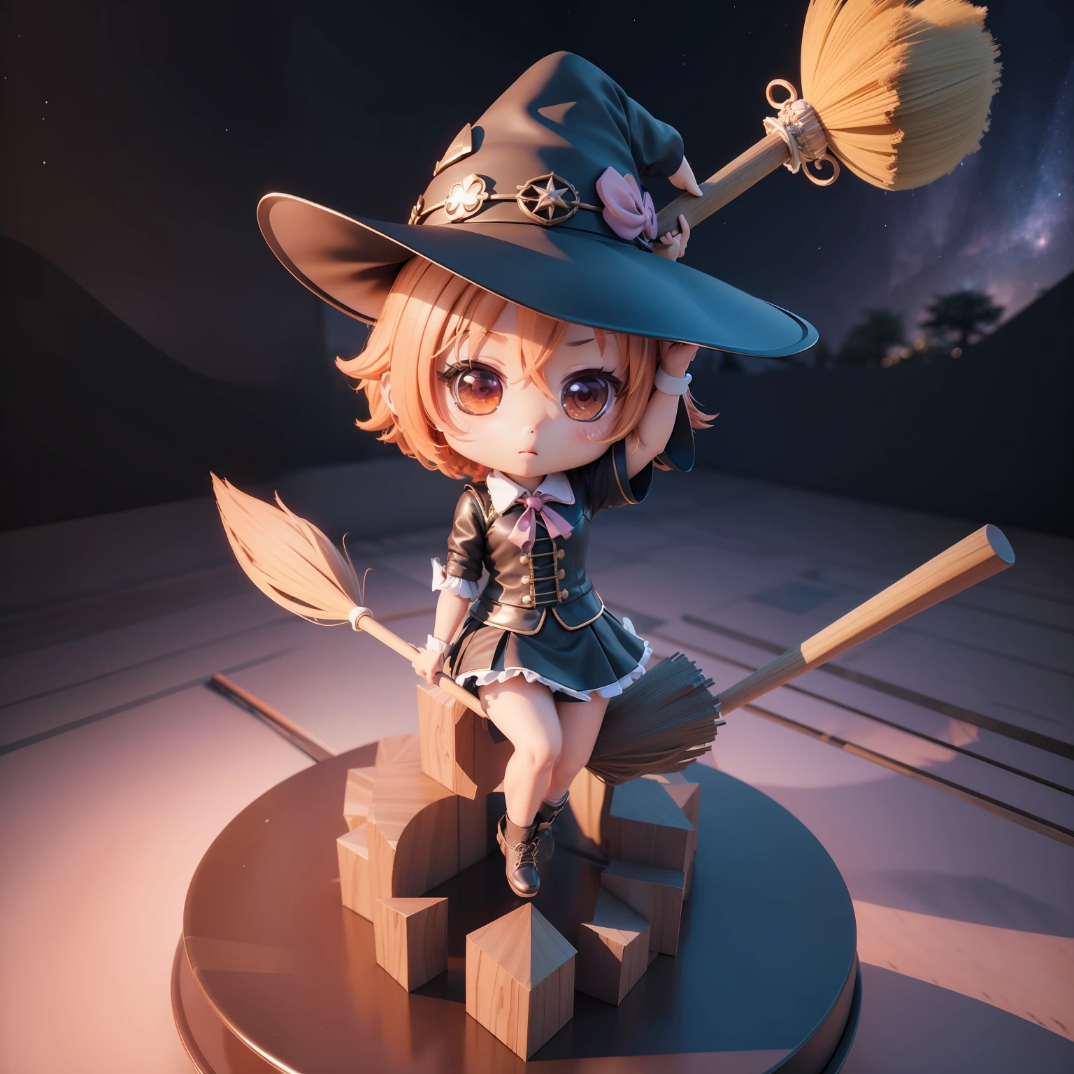 (((Chibi 3D))),Very cute and beautiful chibi anime witch character uniform,🌌Background, Full body, Straddling a broom stick , flying though the air,Highly detailed face and eyes, Clearly outlined, Solo,Chibi 3D.