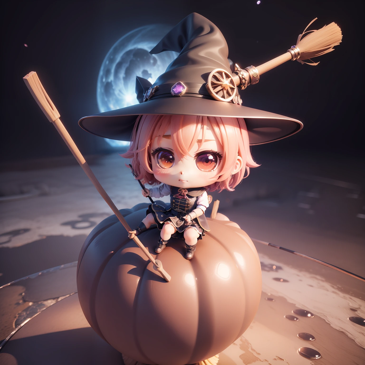 (((Chibi 3D))),Very cute and beautiful chibi anime witch character uniform,🌌Background, Full body, Straddling a broom stick , flying though the air,Highly detailed face and eyes, Clearly outlined, Solo,Chibi 3D.