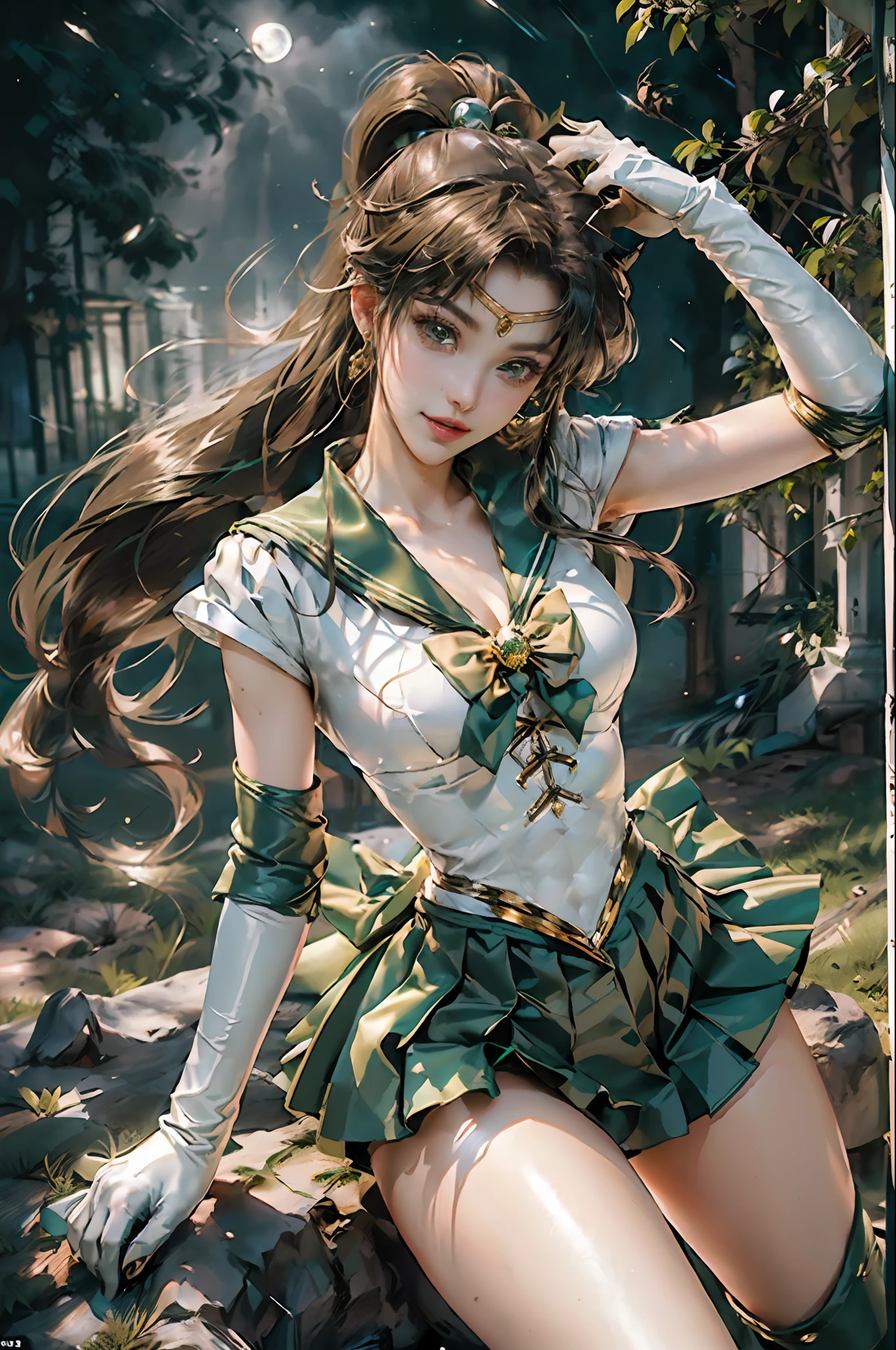 Full: 1.3, stand, masterpiece, 3D, realistic, ultra micro photo, highest quality, ultra detailed CG Unity 8K wallpaper, ((Gorgeous golden tiara on forehead: 1.4, Metallic shiny green pleated mini skirt: 1.2, Green pre-gate mini skirt: 1.1, Huge metallic pink bow on chest: 1.2, Green gloves on the elbows: 1.1, Green large collar, metallic green sailor collar, green brooch)), from below, intricate details, (one woman), 22 years old, (hmjupiter, green eyes, ponytail, tiara, jewelry, sailor senshi uniform, green sailor collar, choker, elbow gloves, white gloves, pink bow, brooch, white leotard, green skirt, pleated skirt,Meixiaonfu
), Sailor Jupiter, (((single ponytail)), incredibly long brown hair: 1.2, shiny beautiful straight long brown hair: 1.2, Sailor Jupiter uniform, (Sailor Senshi uniform, bare upper arms: 1.2, long white latex gloves with luxurious gold decoration: 1.3, very large pink bow behind the waist: 1.2, green choker, The cleavage is sexily boldly large, golden ring-shaped earrings, shiny green long knee-high boots with luxurious gold decorations),, (very thin and fitting high-gloss white holographic leather: 1.3,bold and sexy slender high-leg gravette swimsuit), (((fighting stance)),
((seductive smile, very pretty face, face details: 1.5, bright green eyes, beautiful face, beautiful eyes, shiny eyes, thin lips: 1.3, thin and sharp pale eyebrows, long dark eyelashes, double eyelashes)), luxurious huge white wings, muscular muscles: 1.2, muscular abs: 1.2, small face, huge breasts, tall and perfect proportions, thin waist, sexy model pose, visible poresPerfect hand: 1.5, octane rendering, very dramatic images, strong natural light, sunlight, exquisite lighting and shadows, dynamic angle, DSLR harp, focus: 1.0, maximum clarity and sharpness, (dynamic lightning background: 1.3, thundering divinity, forest divinity, thunder space background, Jupiter, moonlight, moon, dynamic background, detailed background)