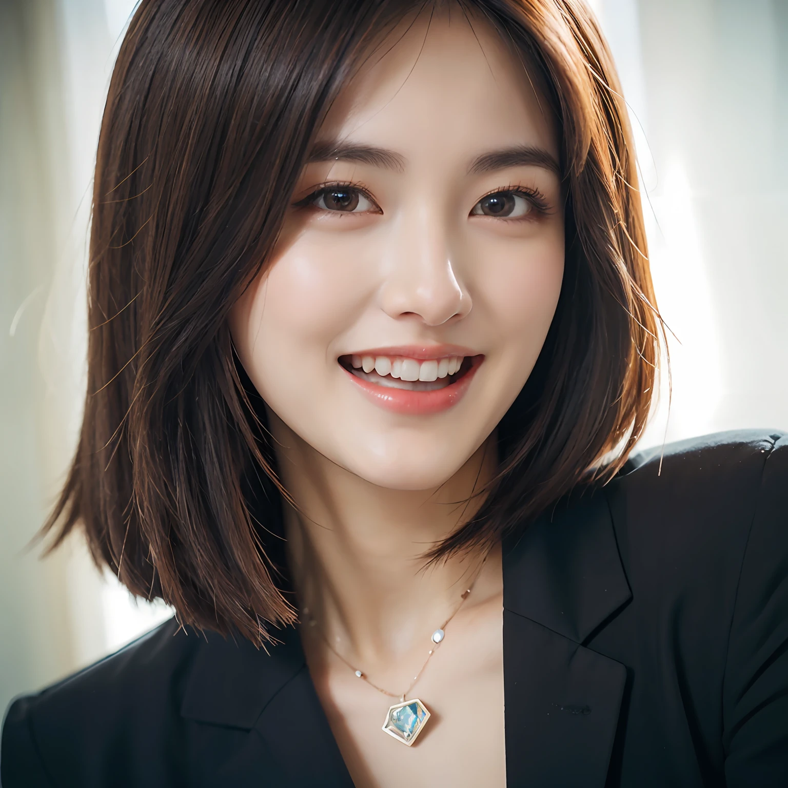 Dressed, (photographrealistic:1.4), (Hyper realistic:1.4), (Realistic:1.3), (Smoother lighting:1.05), (increase cinematic lighting quality:0.9), 32K, 1girl in,25-years old, Realistic lighting, Backlighting, Light on Face, raytrace, (Brightening light:1.2), (Increase quality:1.4), (Top quality real texture skins:1.4), finely detailed eyes, finerly detailed face, (tired and sleepy and joy:0), (Laugh:1.4), Black Suit,a necklace, (Increase body line mood:1.1), (Increase the beauty of skin texture:1.1)