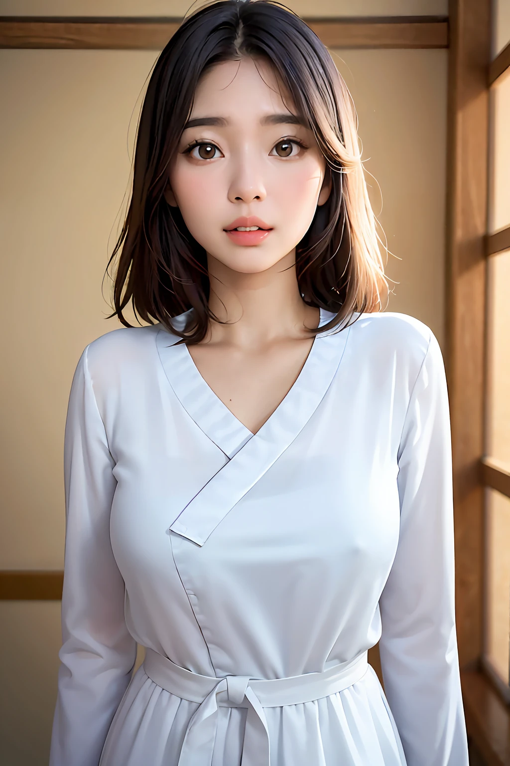 obra-prima, melhor qualidade, (foto escura: 1.3), fotorrealista, 1girl, franja plana, rosto de simetria inocente deslumbrante, camisa, emocional, (PureErosFace_V1:0.7) girl okami Japan vibes