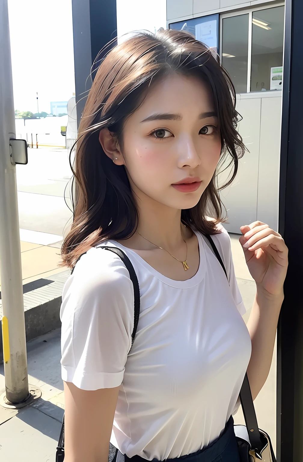 From the knee up、Angle seen from the side、After work、natta、In front of the station、tote bags、see -through、Bra is sheer、shortsleeves、Tight silhouette、Turn your buttocks、Ass big、very small breasts、Keep your hair up、The thin fabric shows through the skin.、a necklace、Take your eyes off、