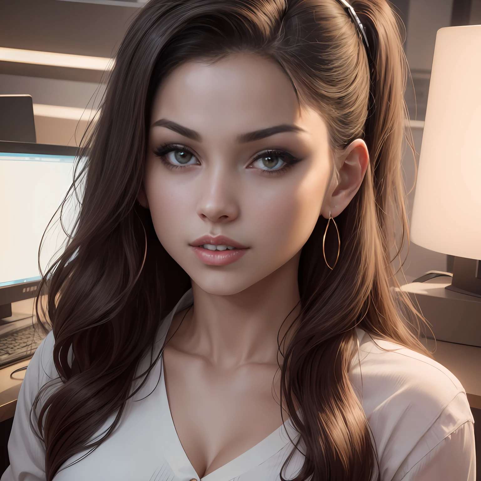 Portrait of a woman, close - up portrait shot, closeup shot of face, full face portrait: Resembling Gina Valentina, wearing modern casual office attire, in a professional TV studio setting.
