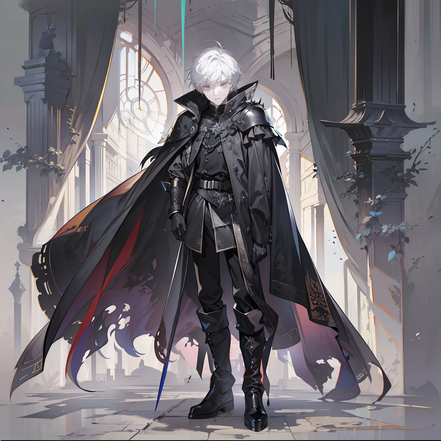 1 boy, solo, white hair, short hair, gray eyes, black shirt, metal cuffs, black gloves, raincoat, high boots, metal greaves, medieval theme, looking at viewer, fantasy art, beautiful painting, guwaika style, epic exquisite character art, stunning characters, (reference sheet:1.5)