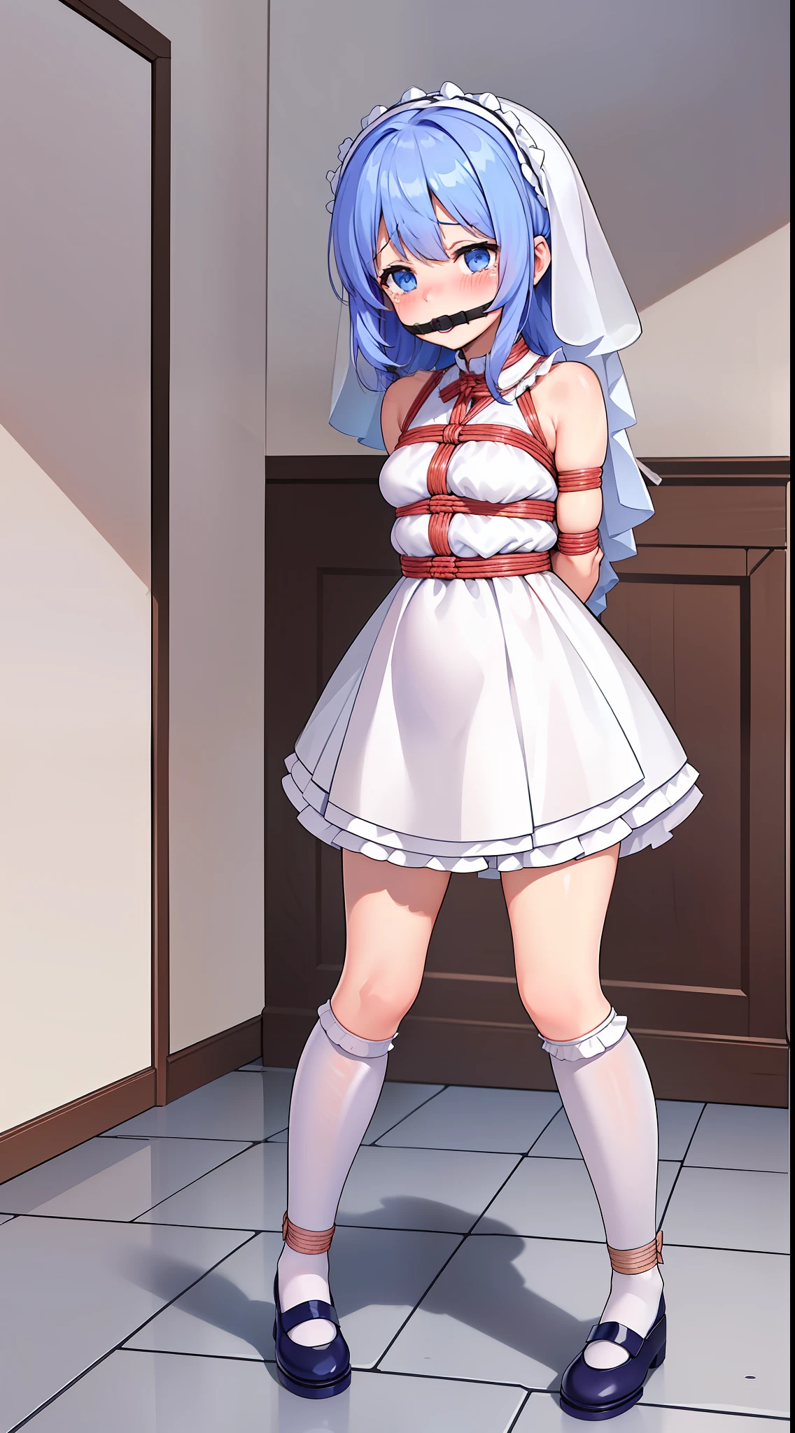 masterpiece, best quality,(()),((litt((kafuu chino))),blue eyes,((blush)), ((tears)), ((shy)),((gag)),((wedding_dress)),((frilled socks)), ((((mary janes)))),((((arms_behind_back)))),((bondage)),((shibari)),clothed_masturbation, rape, about_to_be_raped, pregnancy,