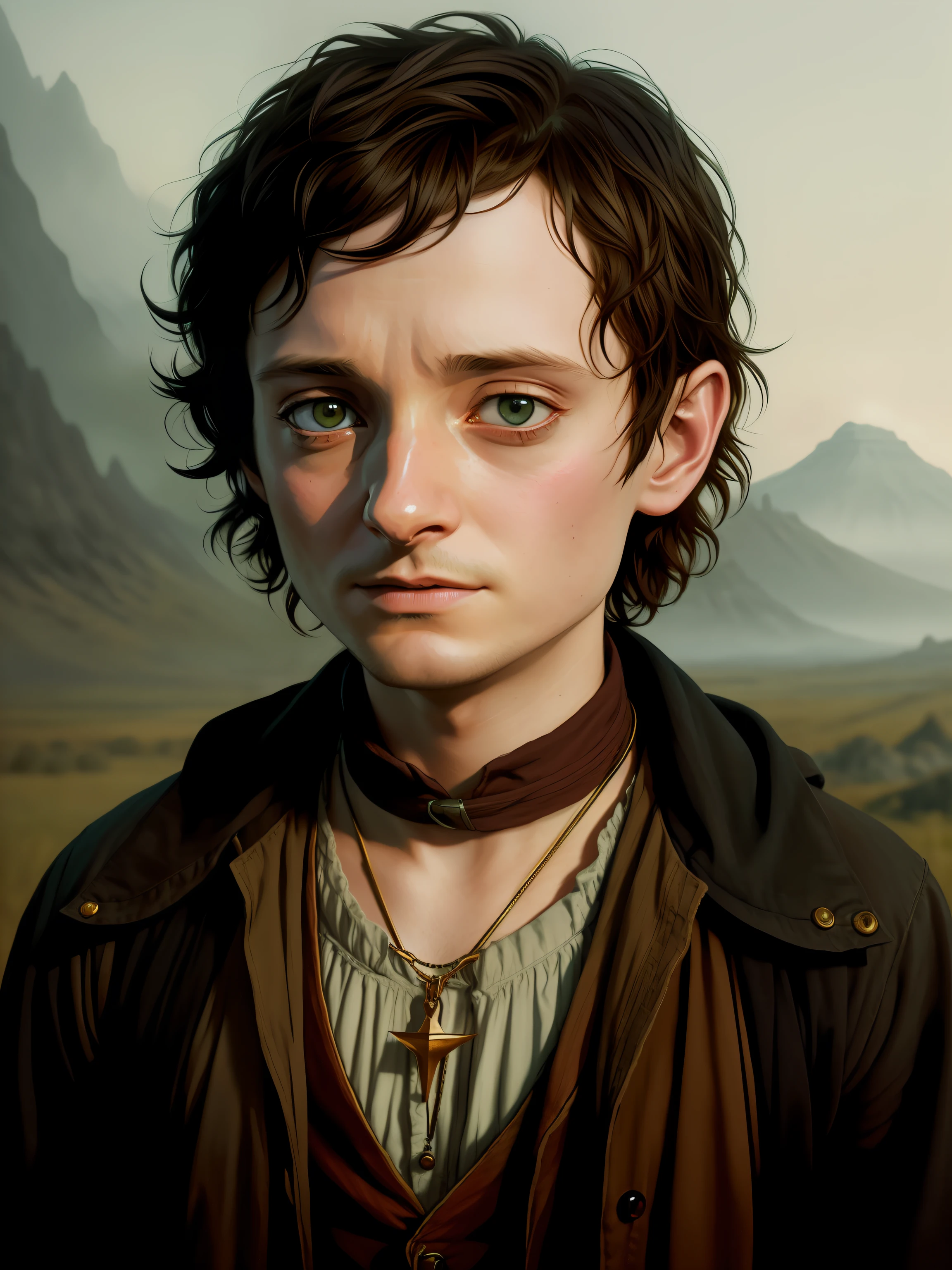 ((Elijah Wood as Frodo Baggins goes to Mordor)), portraite of a, ((cartoonish style)), the anime, big eyes, The gold ring on the chain around the neck is eerily dark, Atey Ghailan, by Jeremy Mann, Greg Manchess, Antonio Moro , Trending on ArtStation, trending on CGsociety, Intricate, high detail, sharp-focus, dramatic, photorealistic art painting by Midjourney and Greg Rutkowski, Bokeh on