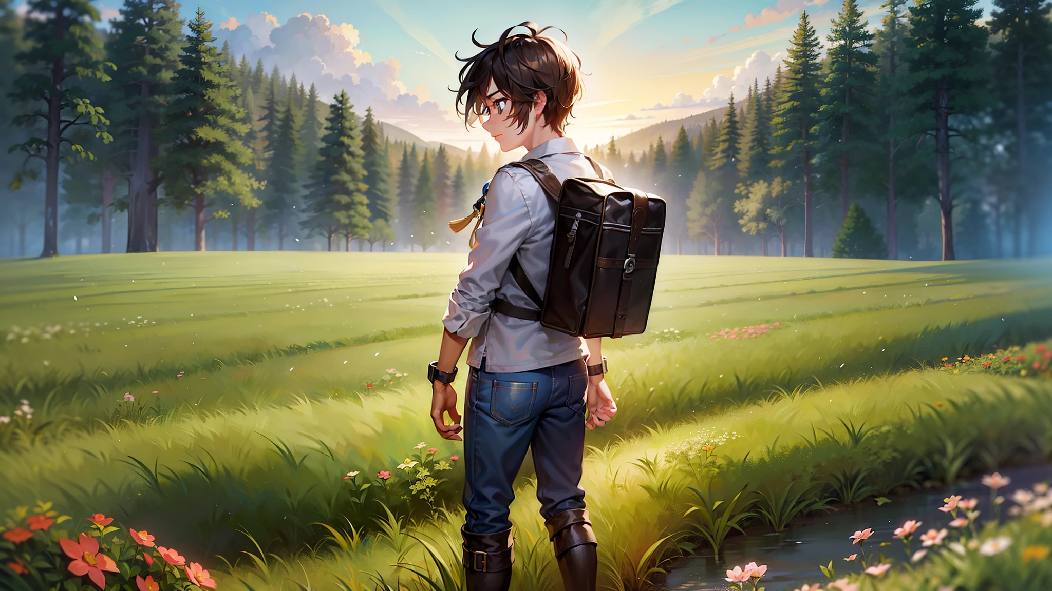Courageous adventurer young teen Aiden in a picturesque green field, facing forward with an expression of pride and determination, captured in a golden hour.