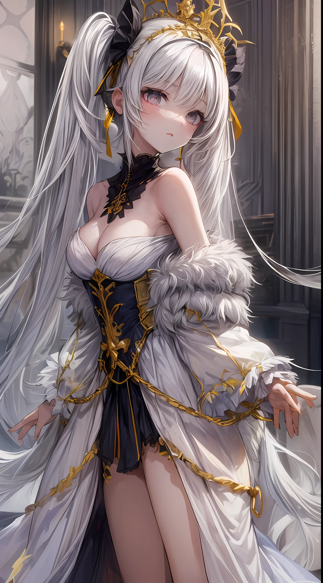 Girl,albino,white hair,white skin, gray eyes, very long hair, (twintail:1.4), gold hair accesory, she wearing a off shoulder sexy and (exposing:1.6) queen gown