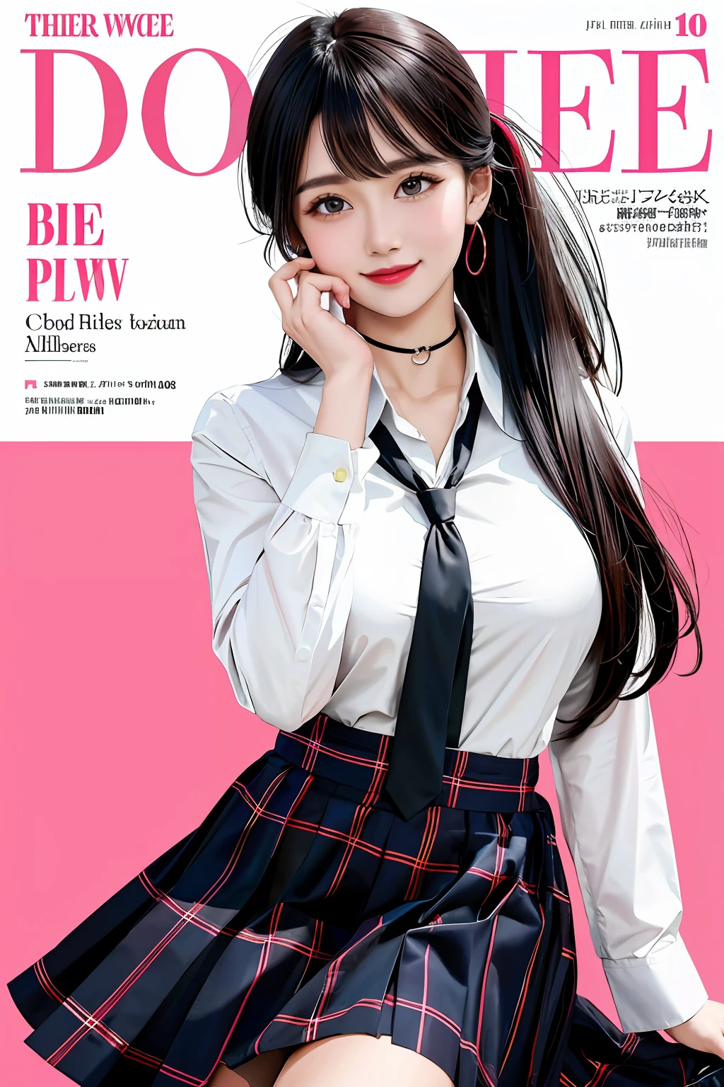 masterpiece, best quality, full body, 1girl, bangs, black choker, black necktie, black hair, blue skirt, blush, bracelet, breasts, choker, clothes around waist, collarbone, collared shirt, cowboy shot, dress shirt, ear piercing, eyebrows visible through hair, gradient hair, grin, gyaru, jewelry, kogal, long hair, looking at viewer, loose necktie, necktie, piercing, plaid, plaid skirt, pleated skirt, red eyes, ring, school uniform, shirt, skirt, smile, solo, white shirt, street, sky, cherry blossoms, petals,illustration, (magazine:1.3), (cover-style:1.3), fashionable, woman, vibrant, outfit, posing, front, colorful, dynamic, background, elements, confident, expression, holding, statement, accessory, majestic, coiled, around, touch, scene, text, cover, bold, attention-grabbing, title, stylish, font, catchy, headline, larger, striking, modern, trendy, focus, fashion,