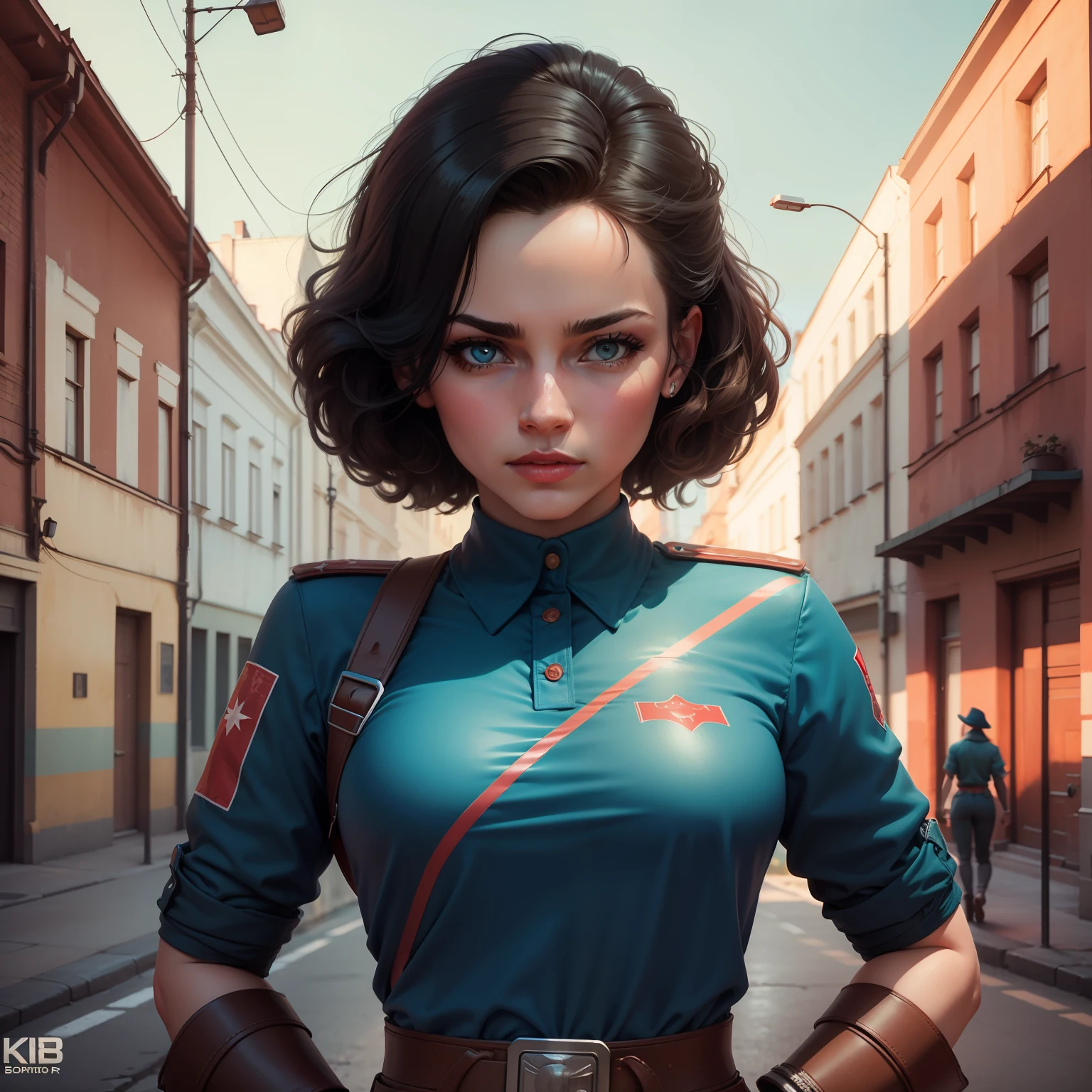 Soviet propaganda, mulher, 8k, super detalhado, hiper realista, super realista, sombras, sombrio, hiper detalhado, segurando arma