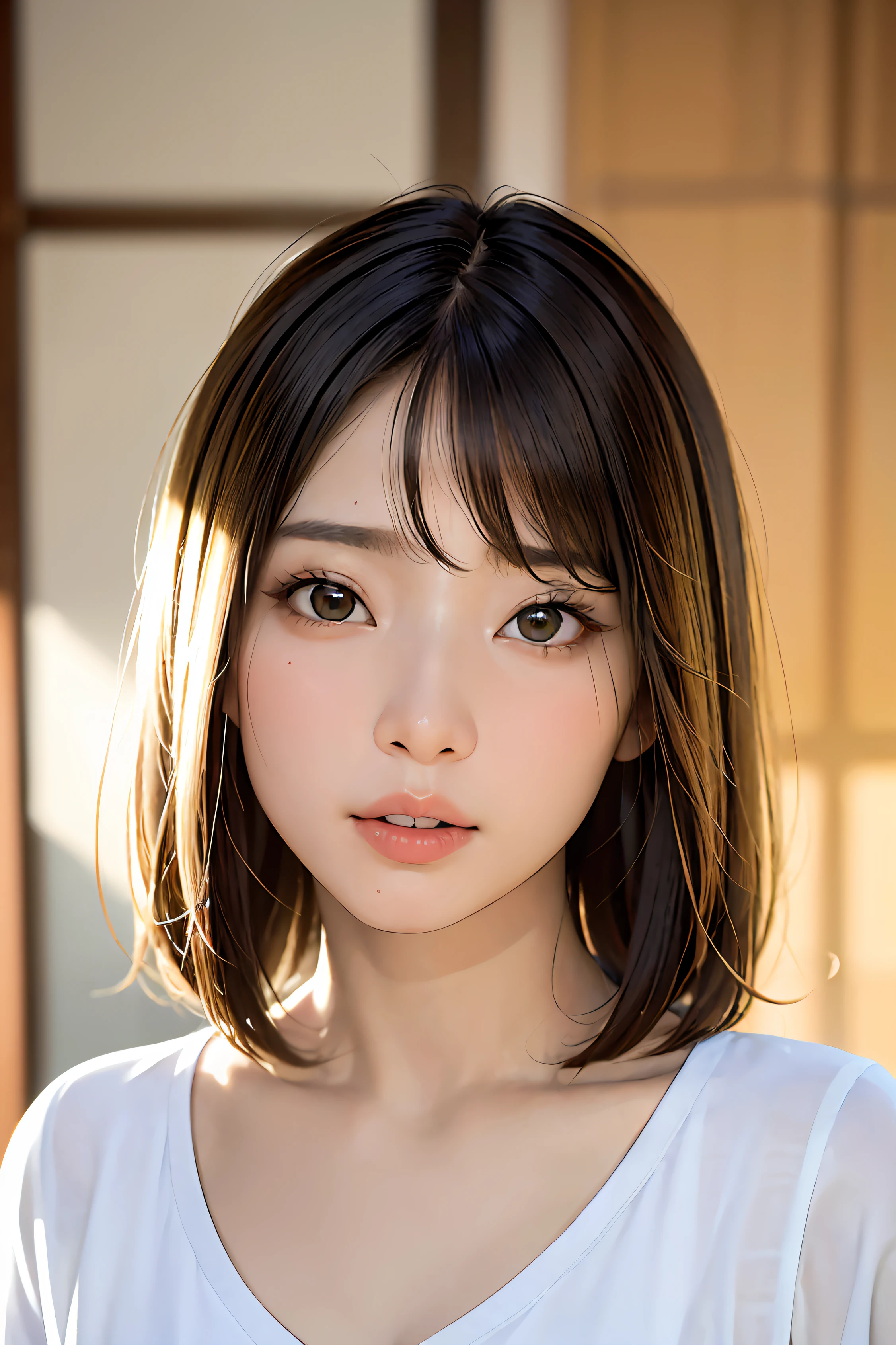 obra-prima, melhor qualidade, (foto escura: 1.3), fotorrealista, 1girl, franja plana, rosto de simetria inocente deslumbrante, camisa, emocional, (PureErosFace_V1:0.7) girl okami Japan vibes