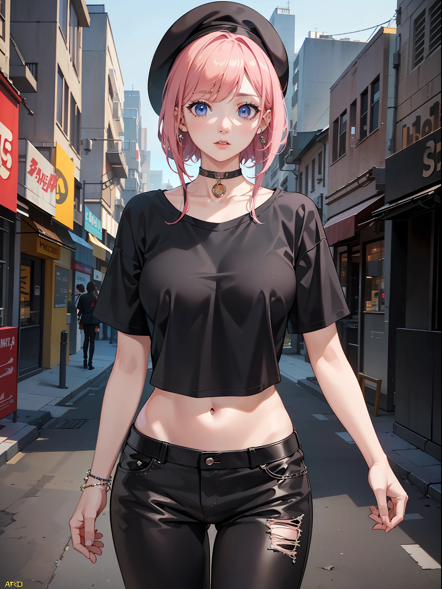 apinkhayoung, urban, streets, (day:1.1), RAW,(8k, best quality, masterpiece:1.2),(intricate details:1.4),(photorealistic:1.4),octane render, complex 3d render ultra detailed, studio soft light, rim light, vibrant details, ultra detailed, realistic skin texture, detailed face, beautiful detailed eyes, extremely detailed CG unity 8k wallpaper, makeup, (detailed background:1.2), (cowboy shot:1.2),(perfect anatomy:1.2),(wide hip:1.1),(black t-shirt, pants, choker, beret:1.2),