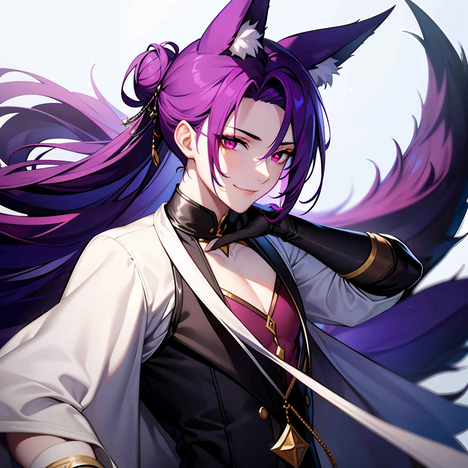 A young guy, cute facial features, dark purple hair gathered in a low bun, faded red eyes, white strict clothes with free light sleeves with lots of jewelry, long black gloves, fox ears and tail, calm gentle smile