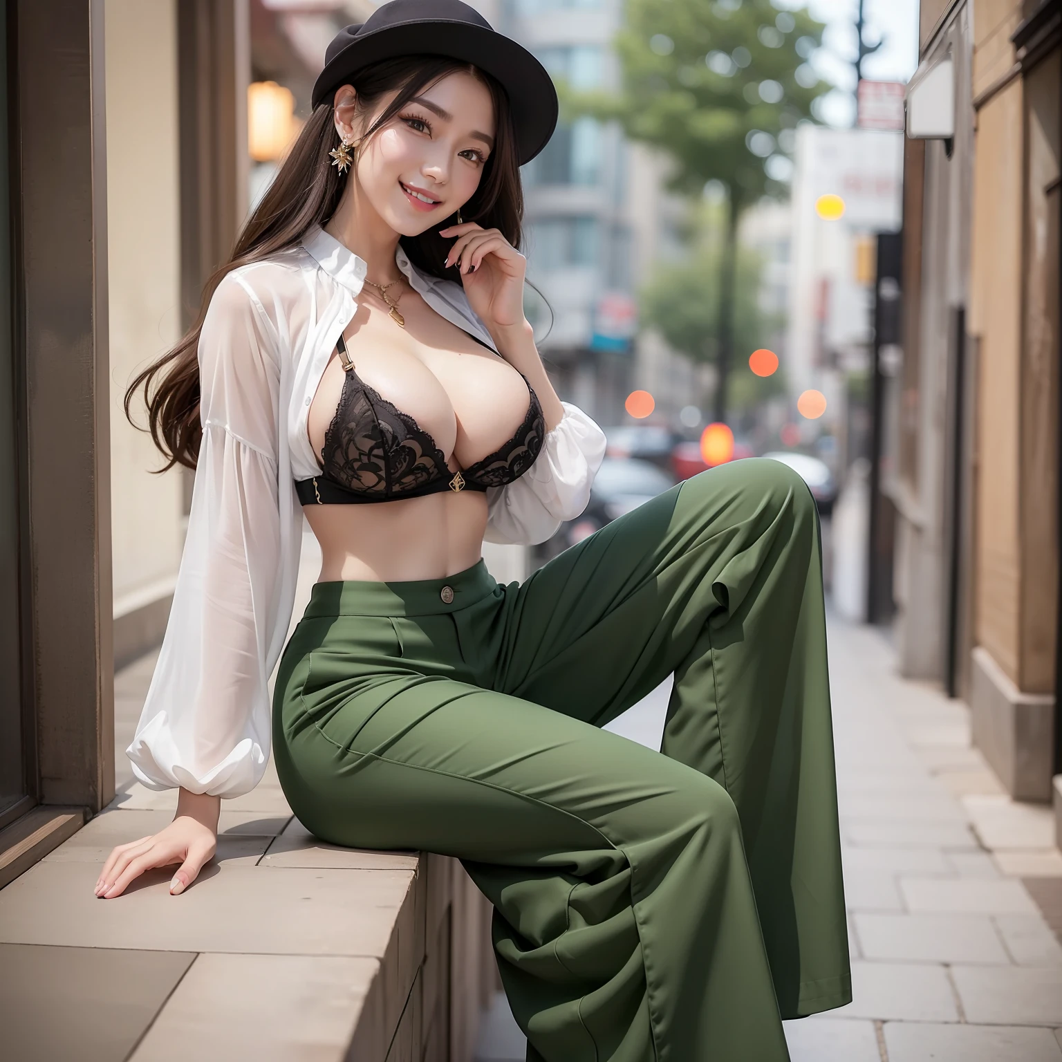 Top image quality、hight resolution、A detailed face、Beautiful Women in Perfect Style、affectionate smile、Flared pants、Gaucho Pants、Wide pants、big breasts thin waist、slim legs