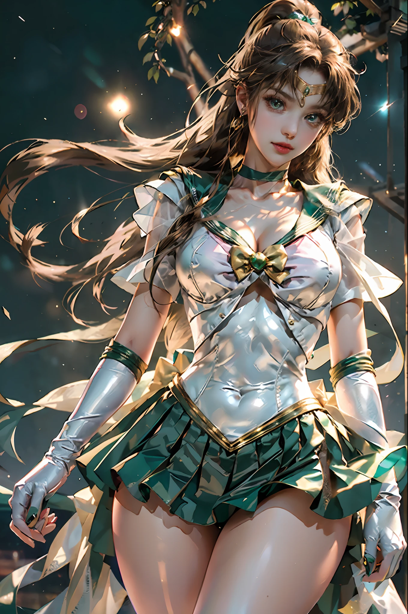 Full: 1.3, Stand, Masterpiece, 3D, Realistic, Ultra Micro Photo, Top Quality, Ultra Detailed CG Unity 8K Wallpaper, Sailor Jupiter,Sailor Jupiter Uniform,((Metallic Shiny Green Pleated Mini Skirt: 1.2, Green Sexy Pre-Gate Mini Skirt: 1.1, Huge Metallic Pink Bow on the Chest: 1.2, Green Green Gloves on Elbows: 1.1, Green Big Collar, Luxurious golden tiara on forehead: 1.2, metallic green sailor color, green brooch)), from below, intricate details, (one woman), 22 years old, (hmjupiter, green eyes, ponytail, tiara, jewelry, sailor senshi uniform, green sailor collar, choker, elbow gloves, white gloves, pink bow, brooch, white leotard, green skirt, pleated skirt,Meixiaonfu
), ((Fighting stance)), (Bold and sexy slender high-leg gravette swimsuit,Very thin and fitting high gloss white sexy holographic leather: 1.3), ((Single ponytail)), Incredibly long light brown hair: 1.2, Shiny beautiful straight long light brown hair: 1.2, (Sailor Senshi uniform, bare upper arms: 1.2, Long white latex gloves with luxurious gold decoration: 1.2, very large pink bow at the back of the waist: 1.3, green choker, cleavage sexily boldly large, braided decoration of gold string, golden ring-shaped earrings, shiny green long knee-high boots with luxurious gold decoration),
((seductive smile, very pretty face, face details: 1.5, bright green eyes, beautiful face, beautiful eyes, shiny eyes, thin lips: 1.3, thin and sharp pale eyebrows, long dark eyelashes, double eyelashes)), (luxurious huge white wings), (muscular muscles: 1.2, muscular abs: 1.2), small face, huge chest, tall and perfect proportions, thin waist, Sexy and dynamic model pose, visible pores, perfect hands: 1.5, very dramatic image, (Jupiter, dynamic lightning background: 1.3, thunder divinity, thunder space background, moonlight, moon, dynamic background, detailed background, forest divinity: 0.6),strong natural light, sunlight, exquisite lighting and shadow, dynamic angle, DSLR harp, focus: 1.0, maximum clarity and sharpness,