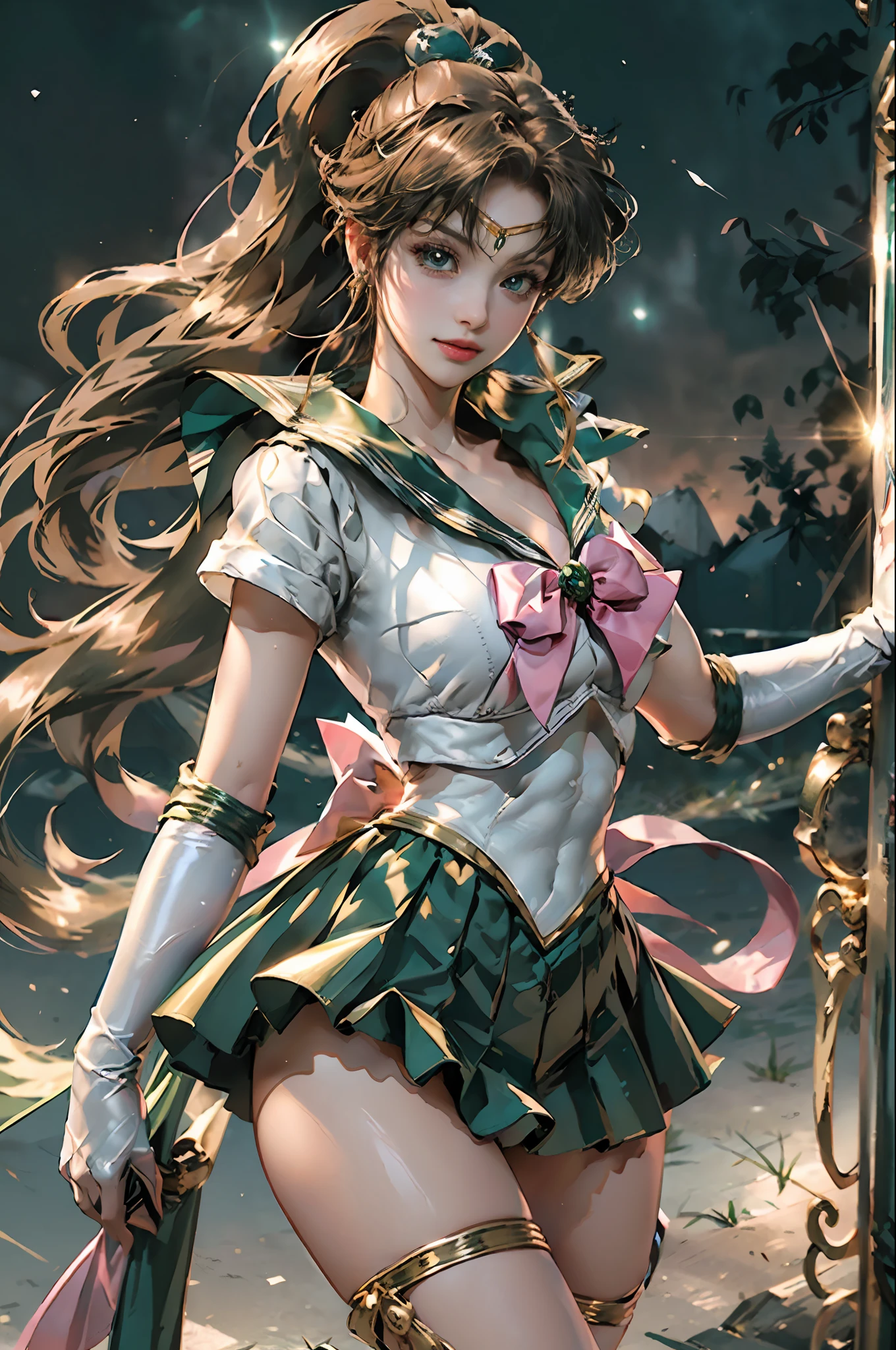 Full: 1.3, Stand, Masterpiece, 3D, Realistic, Ultra Micro Photo, Top Quality, Ultra Detailed CG Unity 8K Wallpaper, Sailor Jupiter,Sailor Jupiter Uniform,((Metallic Shiny Green Pleated Mini Skirt: 1.2, Green Sexy Pre-Gate Mini Skirt: 1.1, Huge Metallic Pink Bow on the Chest: 1.2, Green Green Gloves on Elbows: 1.1, Green Big Collar, Luxurious golden tiara on forehead: 1.2, metallic green sailor color, green brooch)), from below, intricate details, (one woman), 22 years old, (hmjupiter, green eyes, ponytail, tiara, jewelry, sailor senshi uniform, green sailor collar, choker, elbow gloves, white gloves, pink bow, brooch, white leotard, green skirt, pleated skirt,Meixiaonfu
), ((Fighting stance)), (Bold and sexy slender high-leg gravette swimsuit,Very thin and fitting high gloss white sexy holographic leather: 1.3), ((Single ponytail)), Incredibly long light brown hair: 1.2, Shiny beautiful straight long light brown hair: 1.2, (Sailor Senshi uniform, bare upper arms: 1.2, Long white latex gloves with luxurious gold decoration: 1.2, very large pink bow at the back of the waist: 1.3, green choker, cleavage sexily boldly large, braided decoration of gold string, golden ring-shaped earrings, shiny green long knee-high boots with luxurious gold decoration),
((seductive smile, very pretty face, face details: 1.5, bright green eyes, beautiful face, beautiful eyes, shiny eyes, thin lips: 1.3, thin and sharp pale eyebrows, long dark eyelashes, double eyelashes)), (luxurious huge white wings), (muscular muscles: 1.2, muscular abs: 1.2), small face, huge chest, tall and perfect proportions, thin waist, Sexy and dynamic model pose, visible pores, perfect hands: 1.5, very dramatic image, (Jupiter, dynamic lightning background: 1.3, thunder divinity, thunder space background, moonlight, moon, dynamic background, detailed background, forest divinity: 0.6),strong natural light, sunlight, exquisite lighting and shadow, dynamic angle, DSLR harp, focus: 1.0, maximum clarity and sharpness,