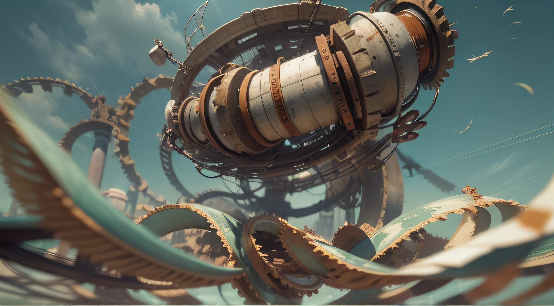 a heavily distorted, fading late morning clear sky, a singular object comprised of contorted feathers/machinery/pipes/rusted components is floating in the air, steel strings weave into each other, extra detail, 4kHD details, best resolution, surrealistic composition, extreme camera angle, motion blur, depth of field, foreshortening, tilted camera angle, cinematic lighting, movie scene