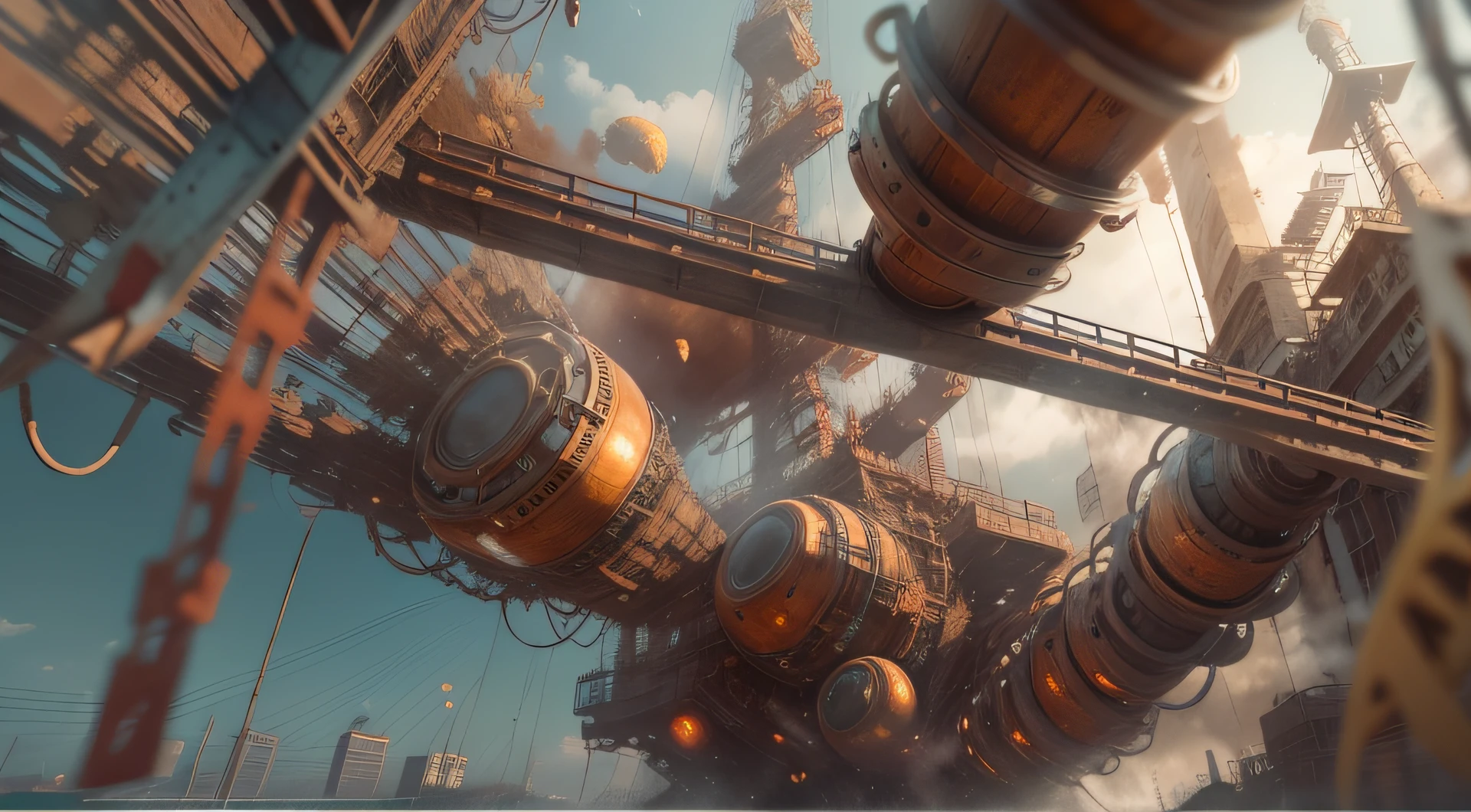 a heavily distorted, fading late morning clear sky, a singular object comprised of contorted feathers/machinery/pipes/rusted components is floating in the air, steel strings weave into each other, extra detail, 4kHD details, best resolution, surrealistic composition, extreme camera angle, motion blur, depth of field, foreshortening, tilted camera angle, cinematic lighting, movie scene
