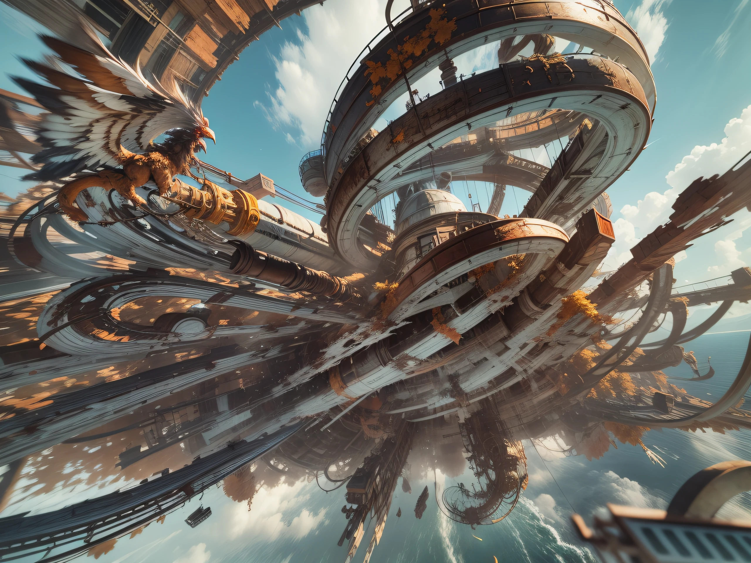 a heavily distorted, fading late morning clear sky, a singular object comprised of contorted feathers/machinery/pipes/rusted components is floating in the air, steel strings weave into each other, extra detail, 4kHD details, best resolution, surrealistic composition, extreme camera angle, motion blur, depth of field, foreshortening, tilted camera angle, cinematic lighting, movie scene