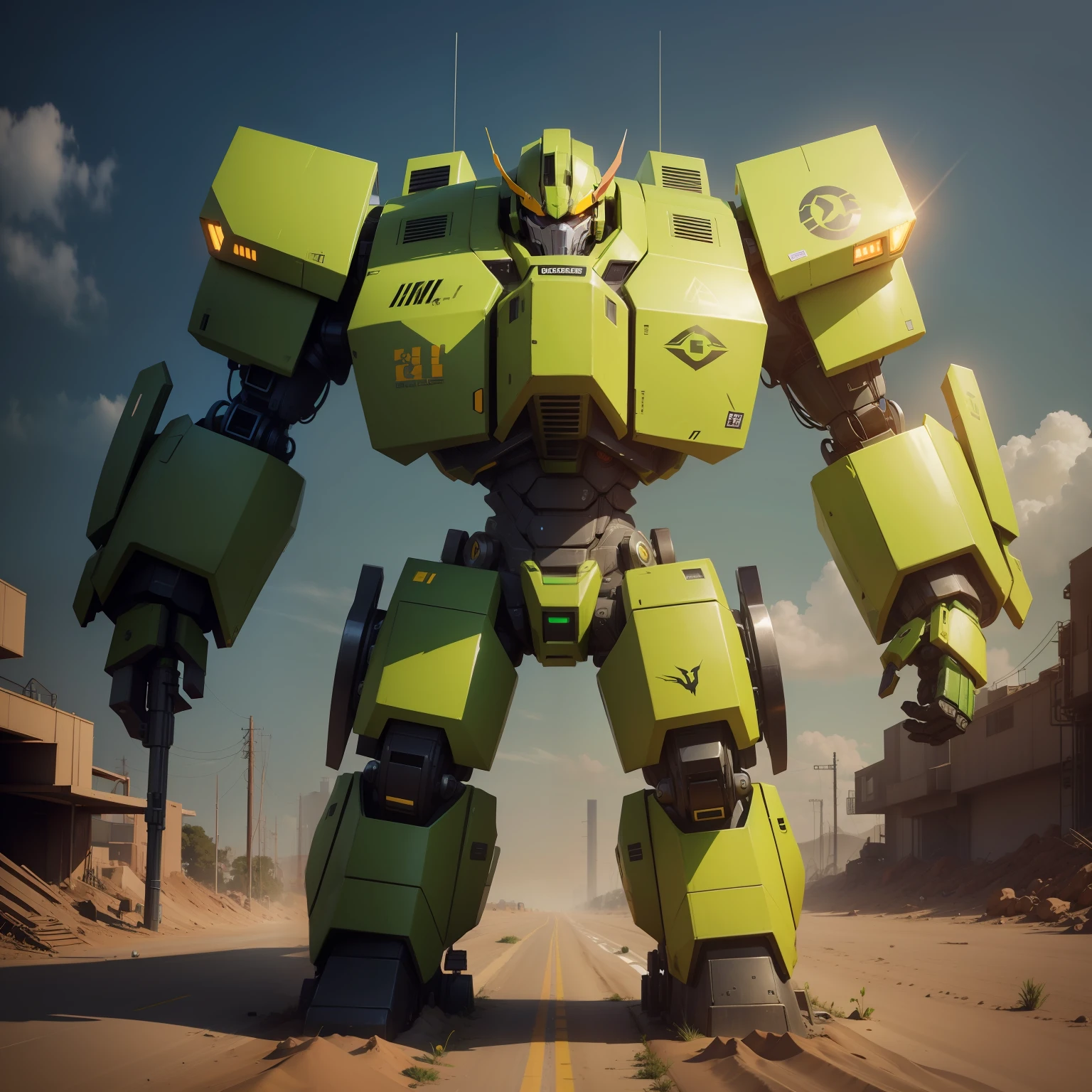 Create a giant mecha with arms painted green and chest painted yellow. no head, com tela digital grande no peito